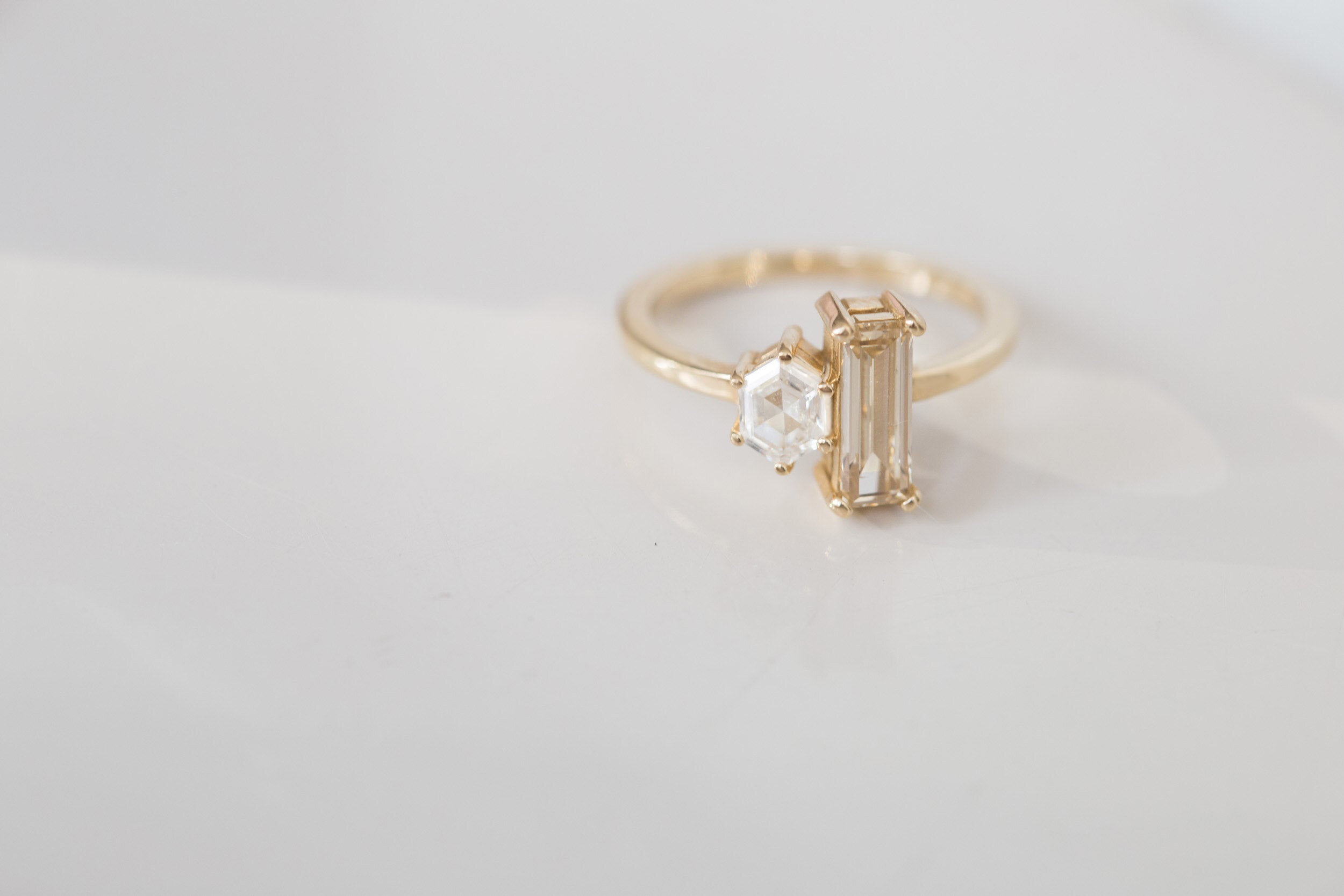 Liana Ring | Antique Champagne Baguette Diamond + Hexagon Engagement Ring | 14k Recycled Gold | One of a Kind