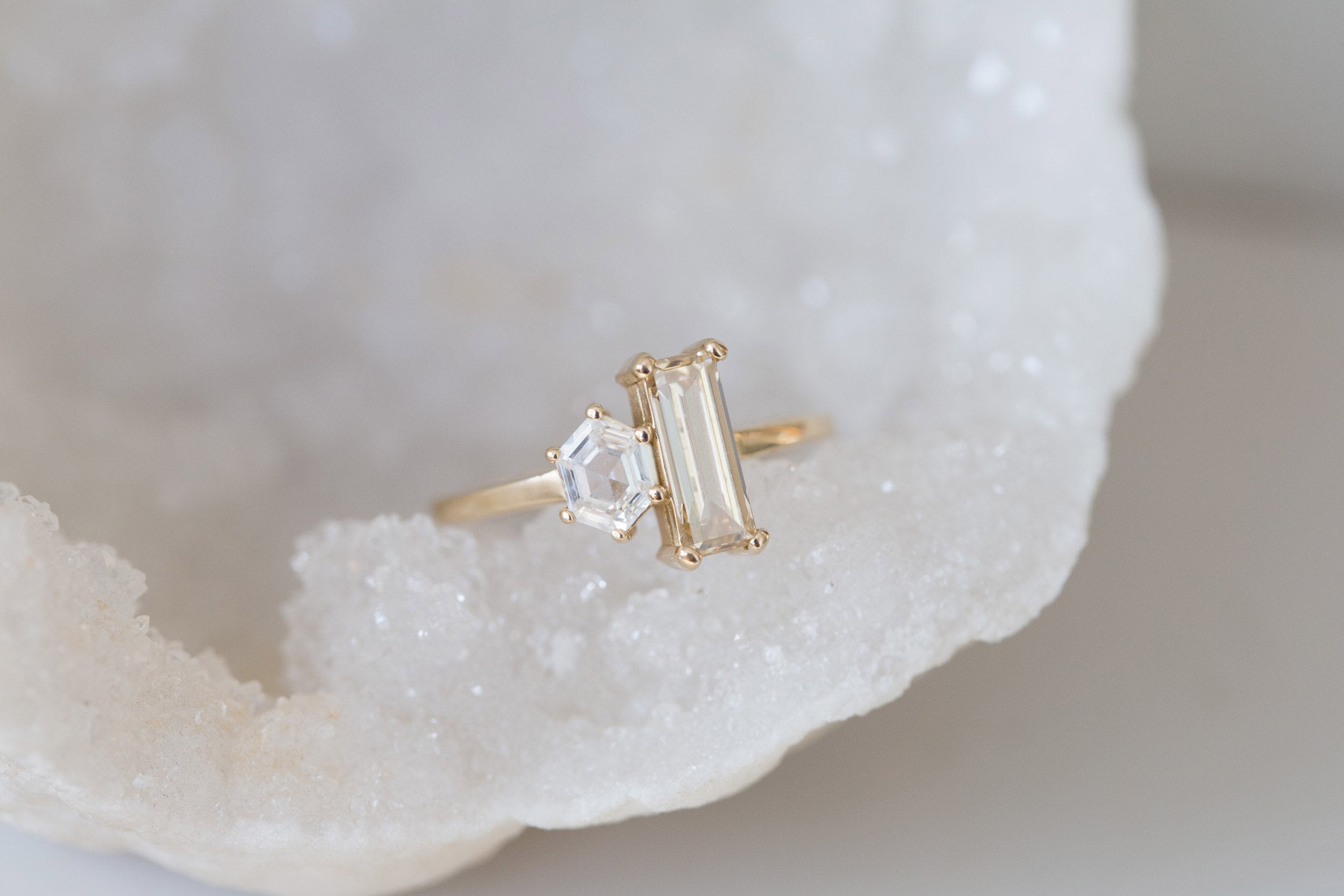 Liana Ring | Antique Champagne Baguette Diamond + Hexagon Engagement Ring | 14k Recycled Gold | One of a Kind