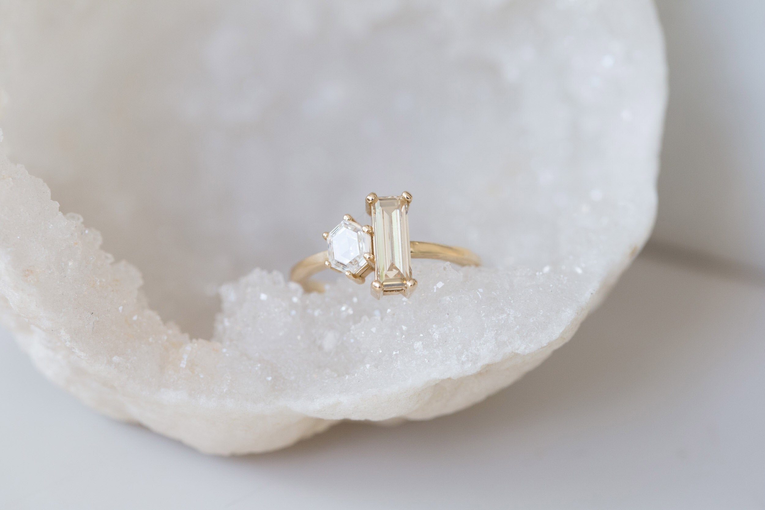 Liana Ring | Antique Champagne Baguette Diamond + Hexagon Engagement Ring | 14k Recycled Gold | One of a Kind