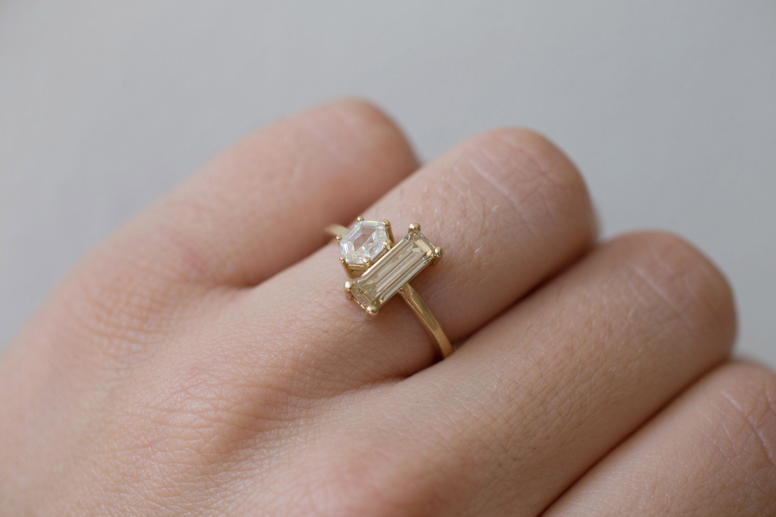 Liana Ring | Antique Champagne Baguette Diamond + Hexagon Engagement Ring | 14k Recycled Gold | One of a Kind