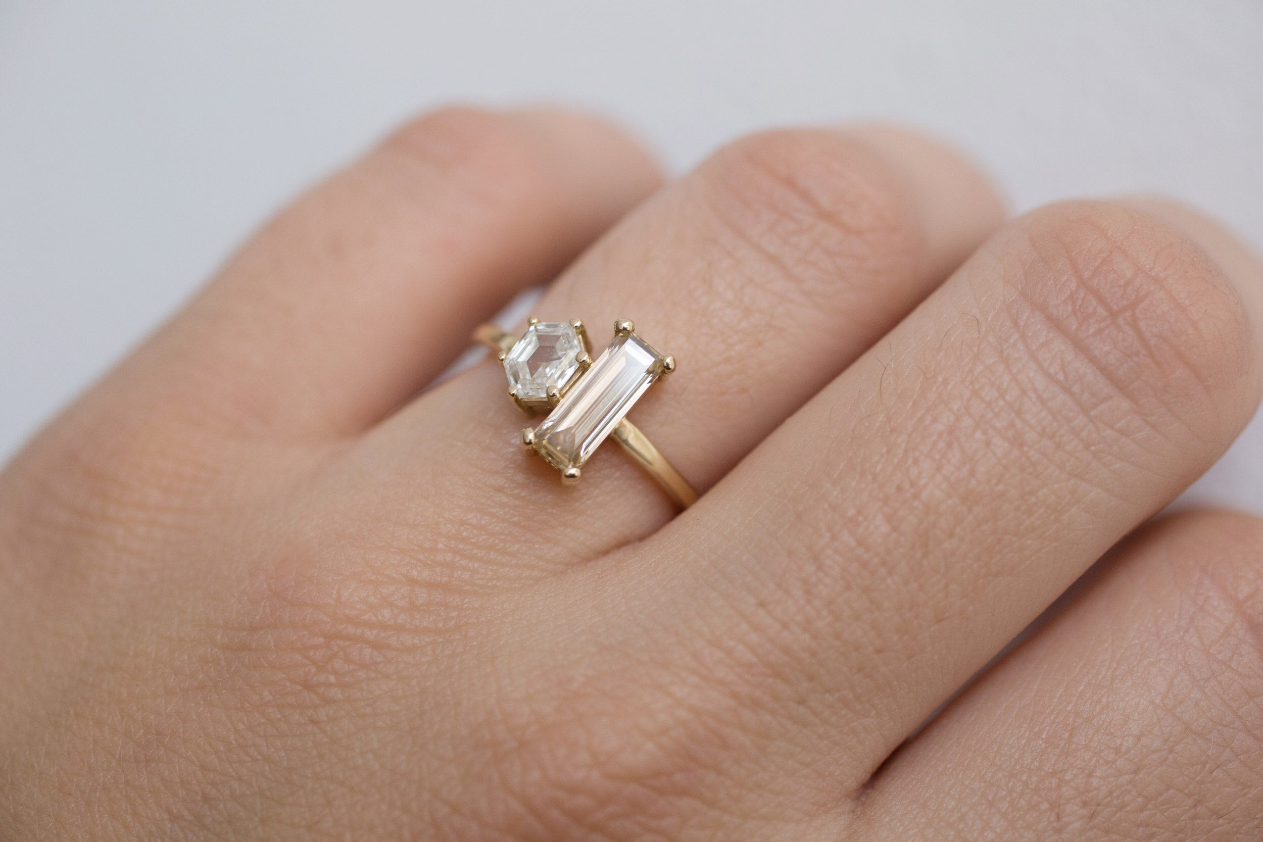 Liana Ring | Antique Champagne Baguette Diamond + Hexagon Engagement Ring | 14k Recycled Gold | One of a Kind