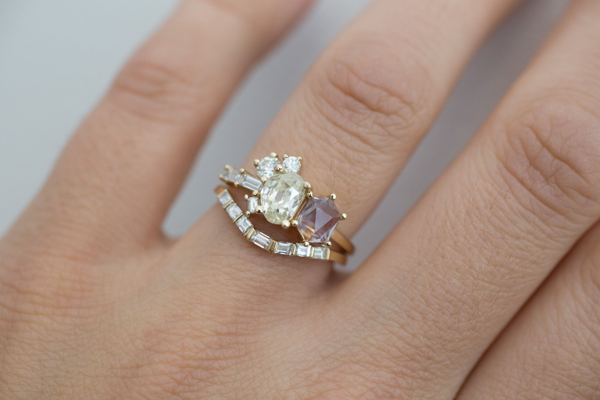 Antique Freeform Diamond + Geocut Montana Sapphire + Diamond Cluster Ring | 14k Recycled Gold | One of a Kind