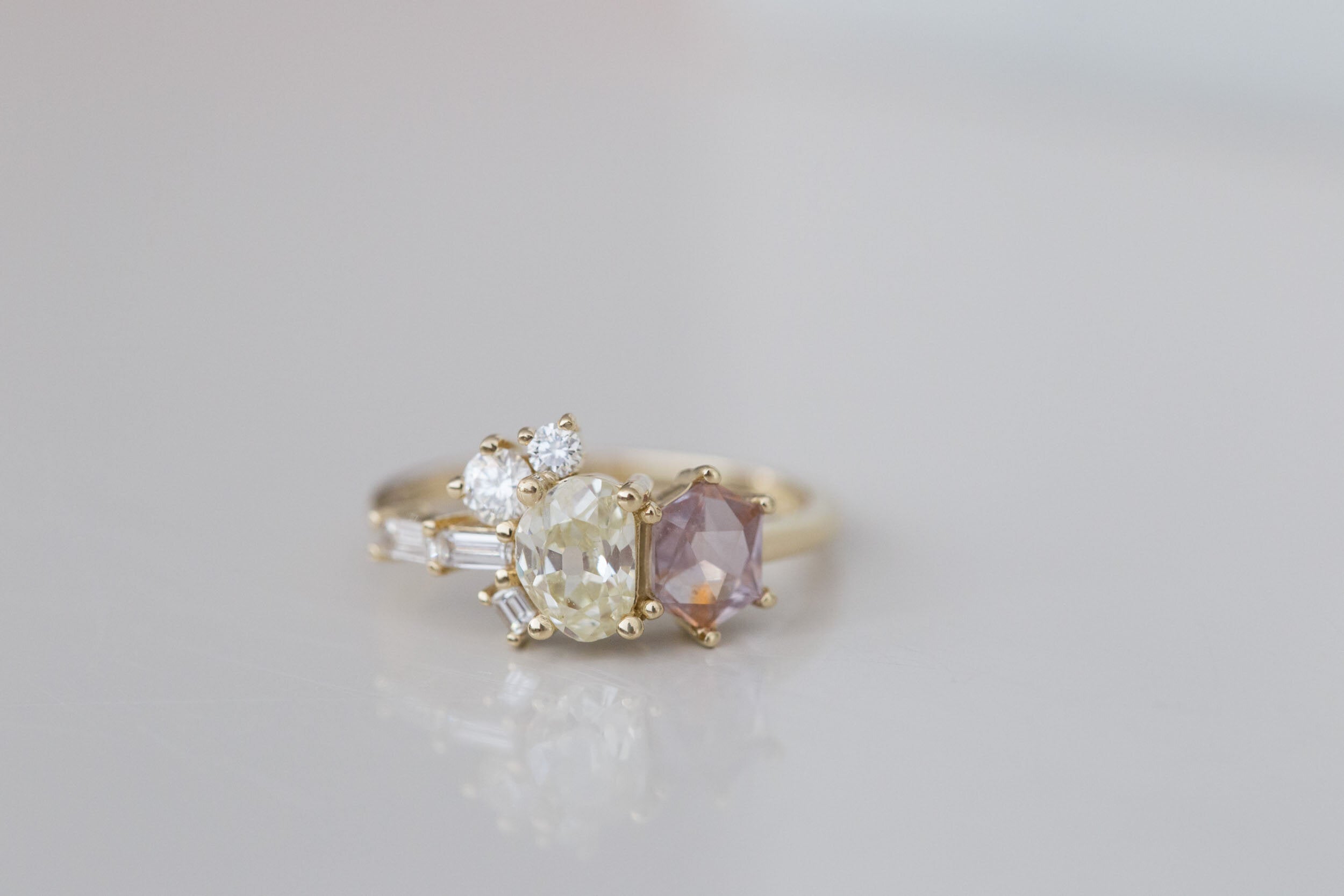 Antique Freeform Diamond + Geocut Montana Sapphire + Diamond Cluster Ring | 14k Recycled Gold | One of a Kind