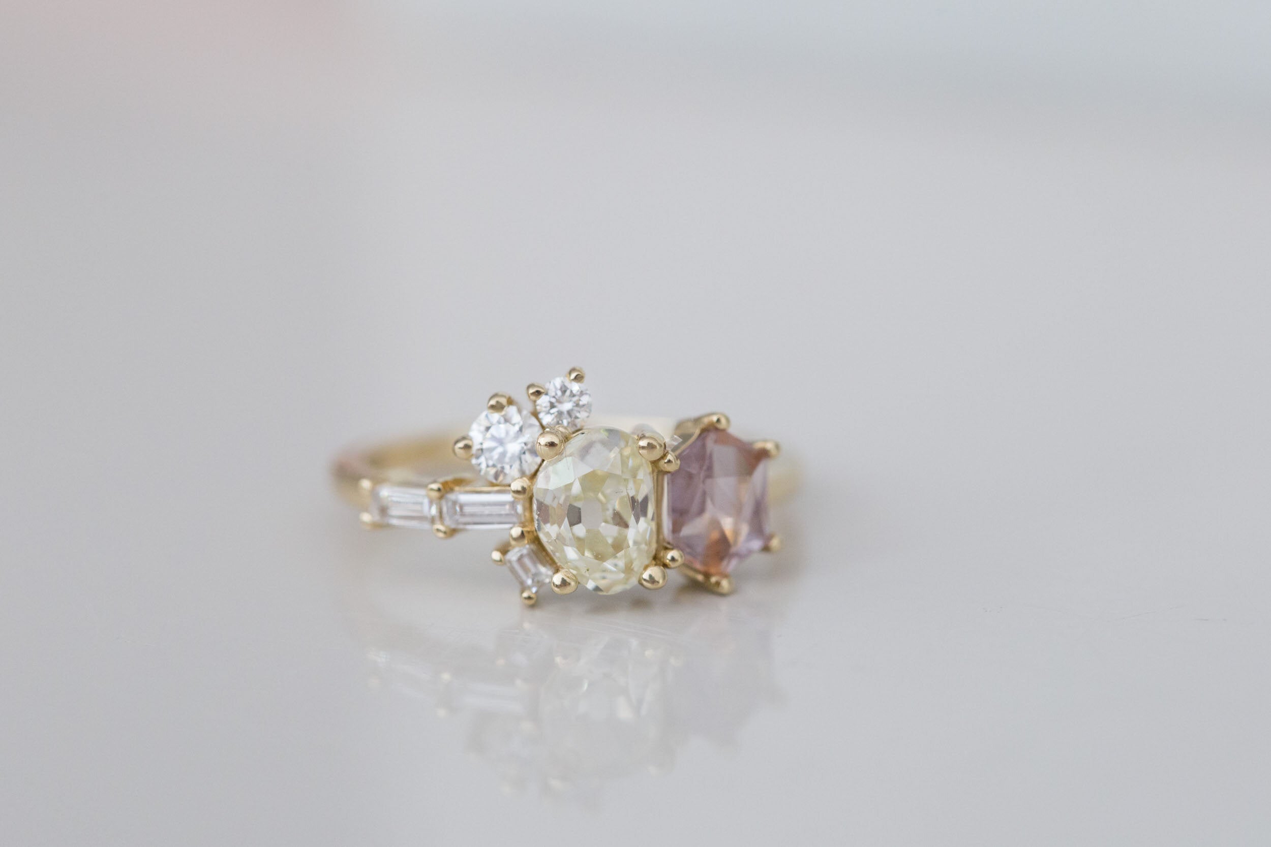 Antique Freeform Diamond + Geocut Montana Sapphire + Diamond Cluster Ring | 14k Recycled Gold | One of a Kind