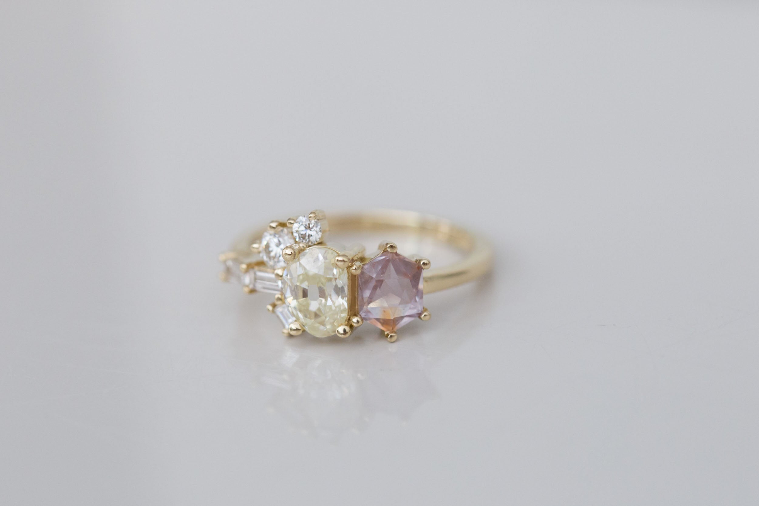 Antique Freeform Diamond + Geocut Montana Sapphire + Diamond Cluster Ring | 14k Recycled Gold | One of a Kind