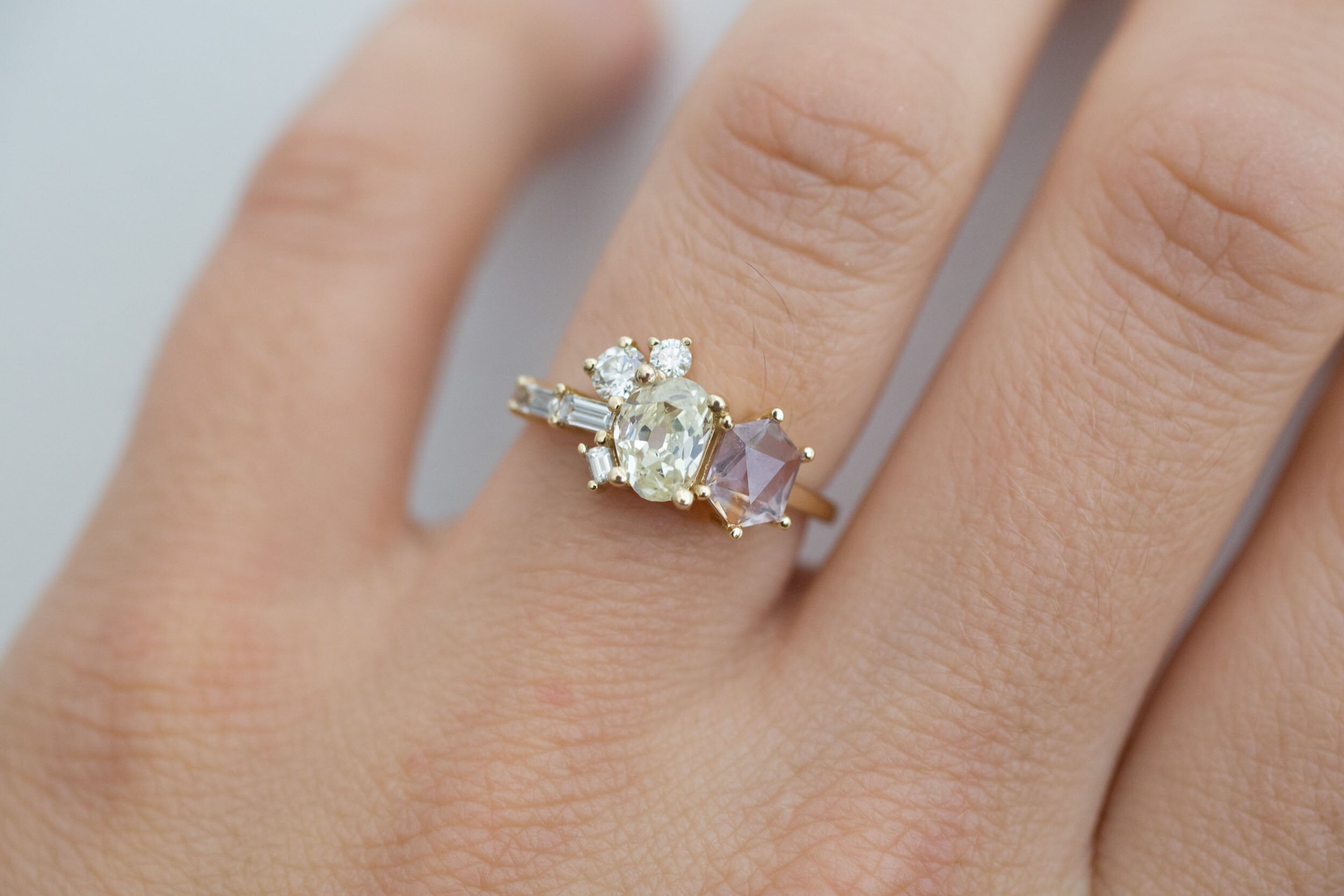 Antique Freeform Diamond + Geocut Montana Sapphire + Diamond Cluster Ring | 14k Recycled Gold | One of a Kind