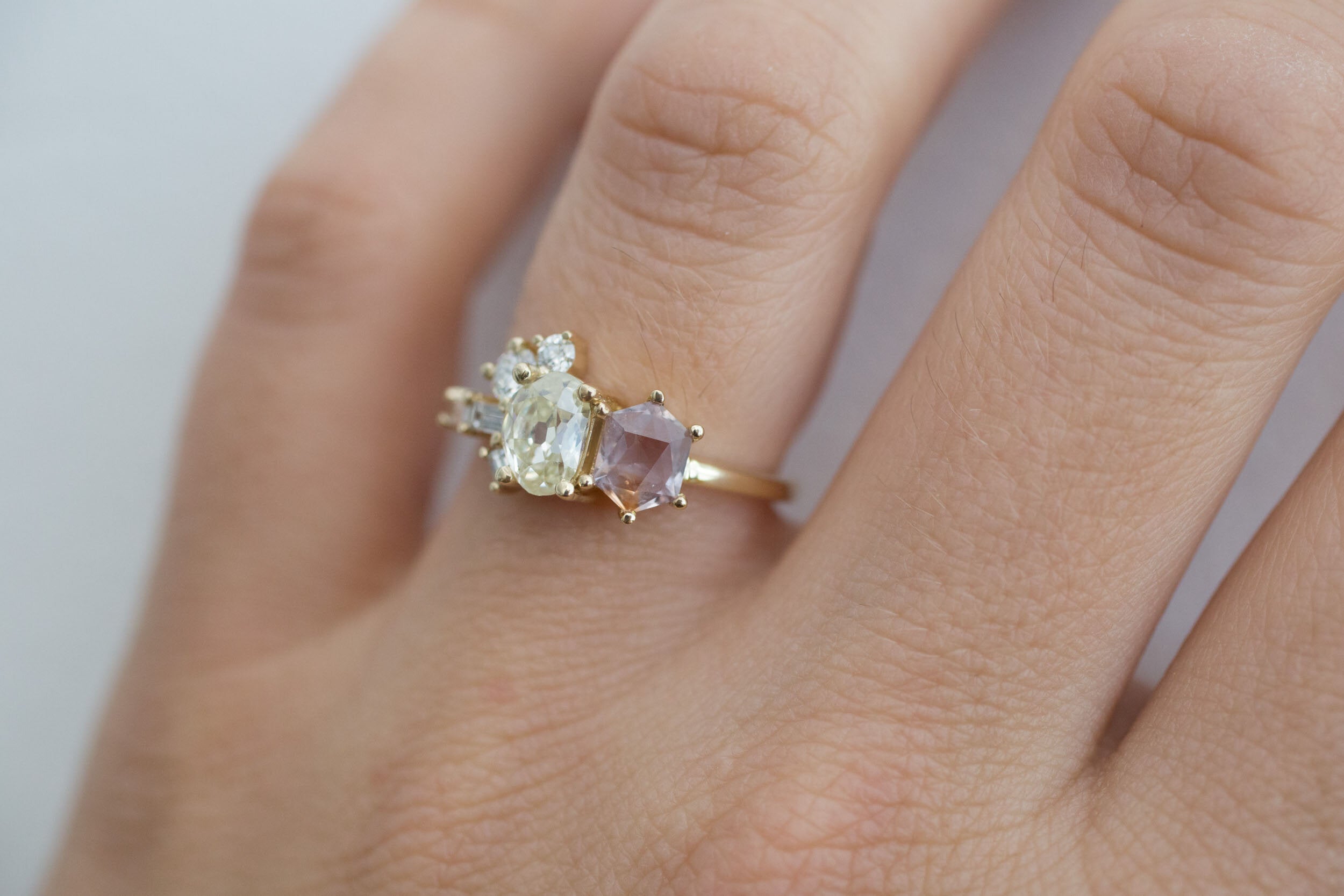 Antique Freeform Diamond + Geocut Montana Sapphire + Diamond Cluster Ring | 14k Recycled Gold | One of a Kind