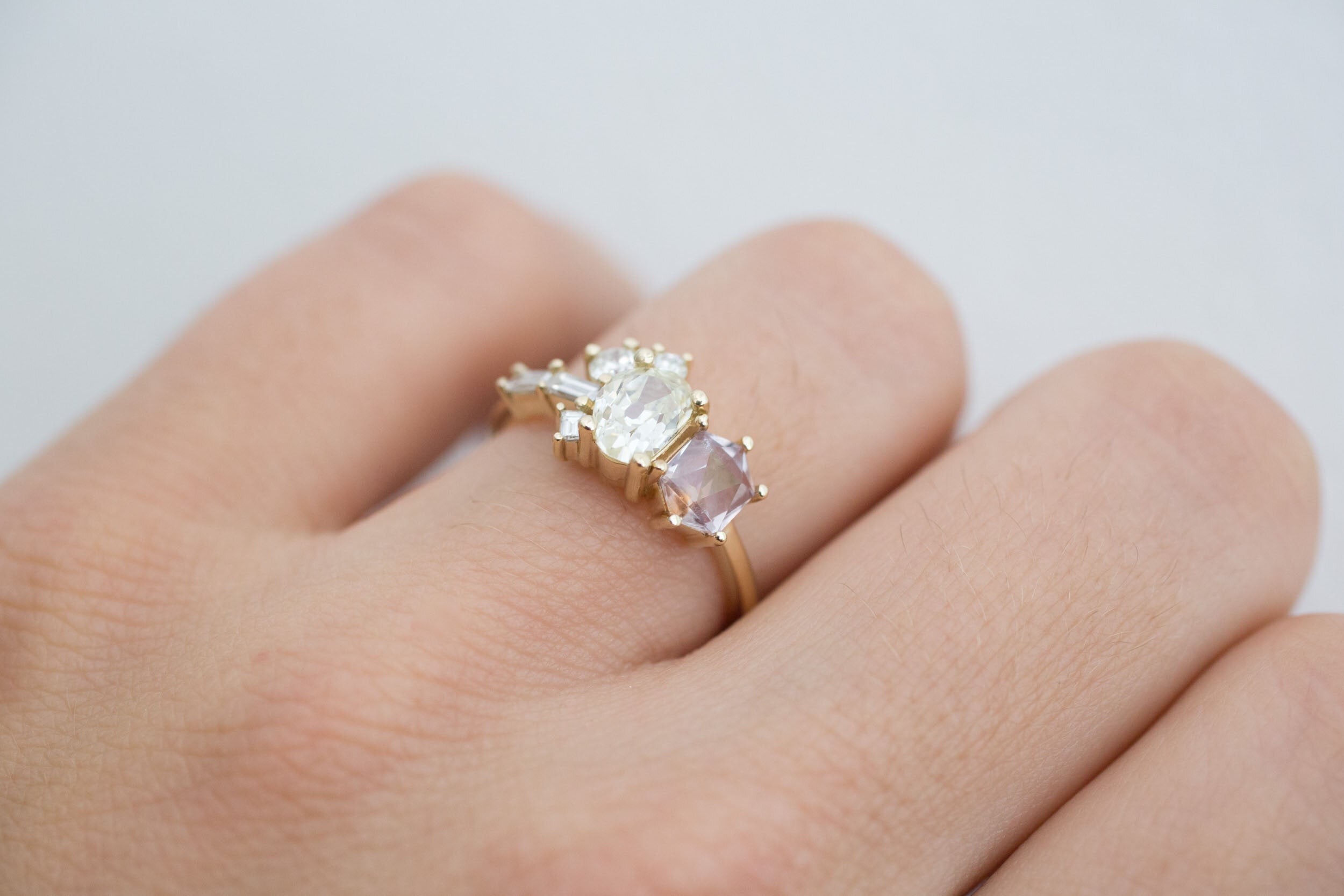 Antique Freeform Diamond + Geocut Montana Sapphire + Diamond Cluster Ring | 14k Recycled Gold | One of a Kind