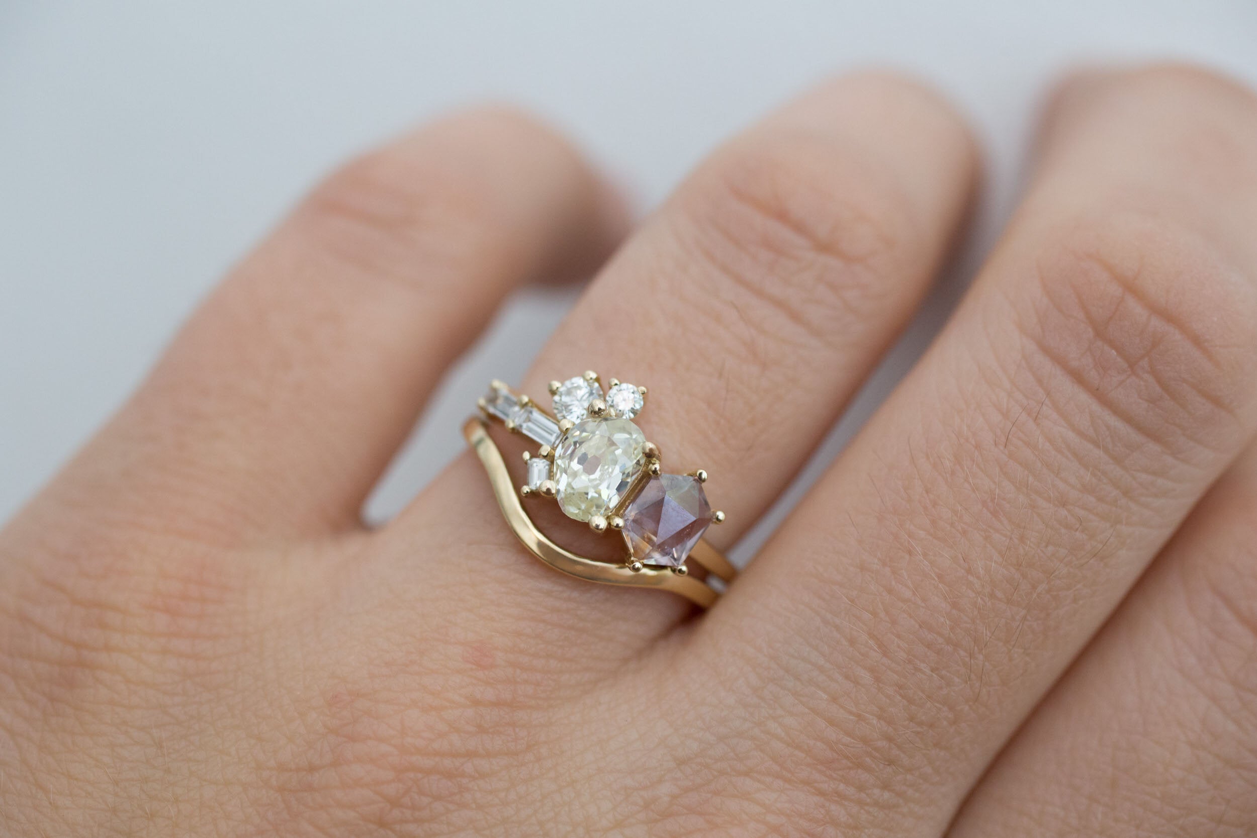 Antique Freeform Diamond + Geocut Montana Sapphire + Diamond Cluster Ring | 14k Recycled Gold | One of a Kind