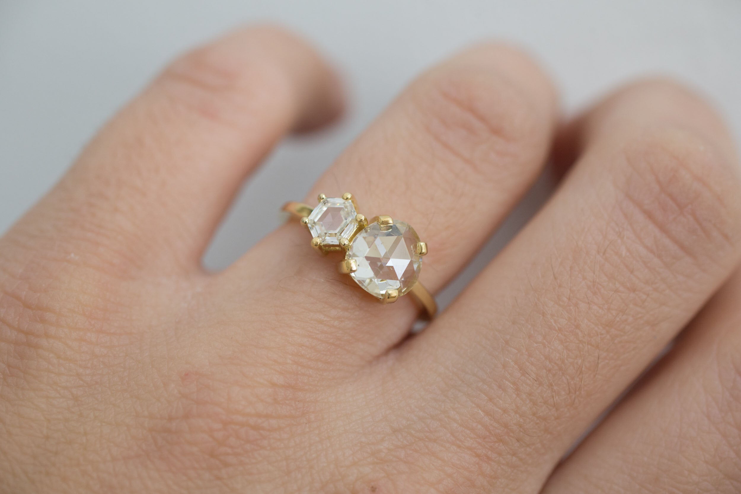 Liana Ring | Antique Rose Cut Diamond + Hexagon Diamond Engagement Ring | 18k Recycled Gold | One of a Kind