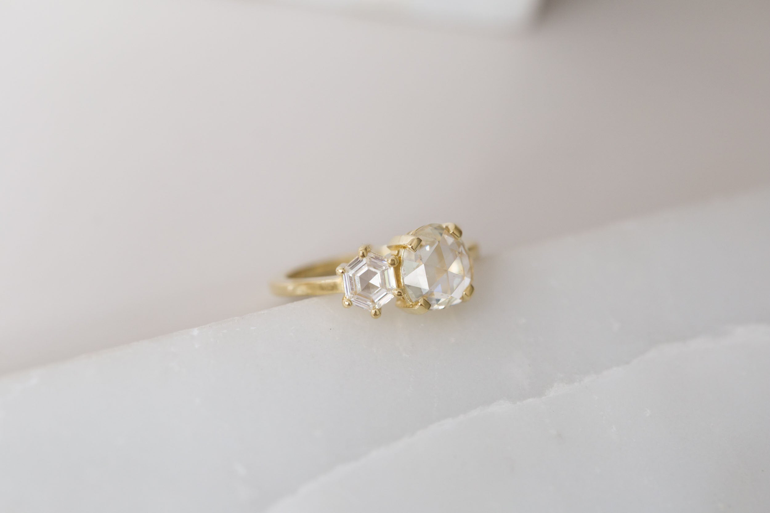 Liana Ring | Antique Rose Cut Diamond + Hexagon Diamond Engagement Ring | 18k Recycled Gold | One of a Kind