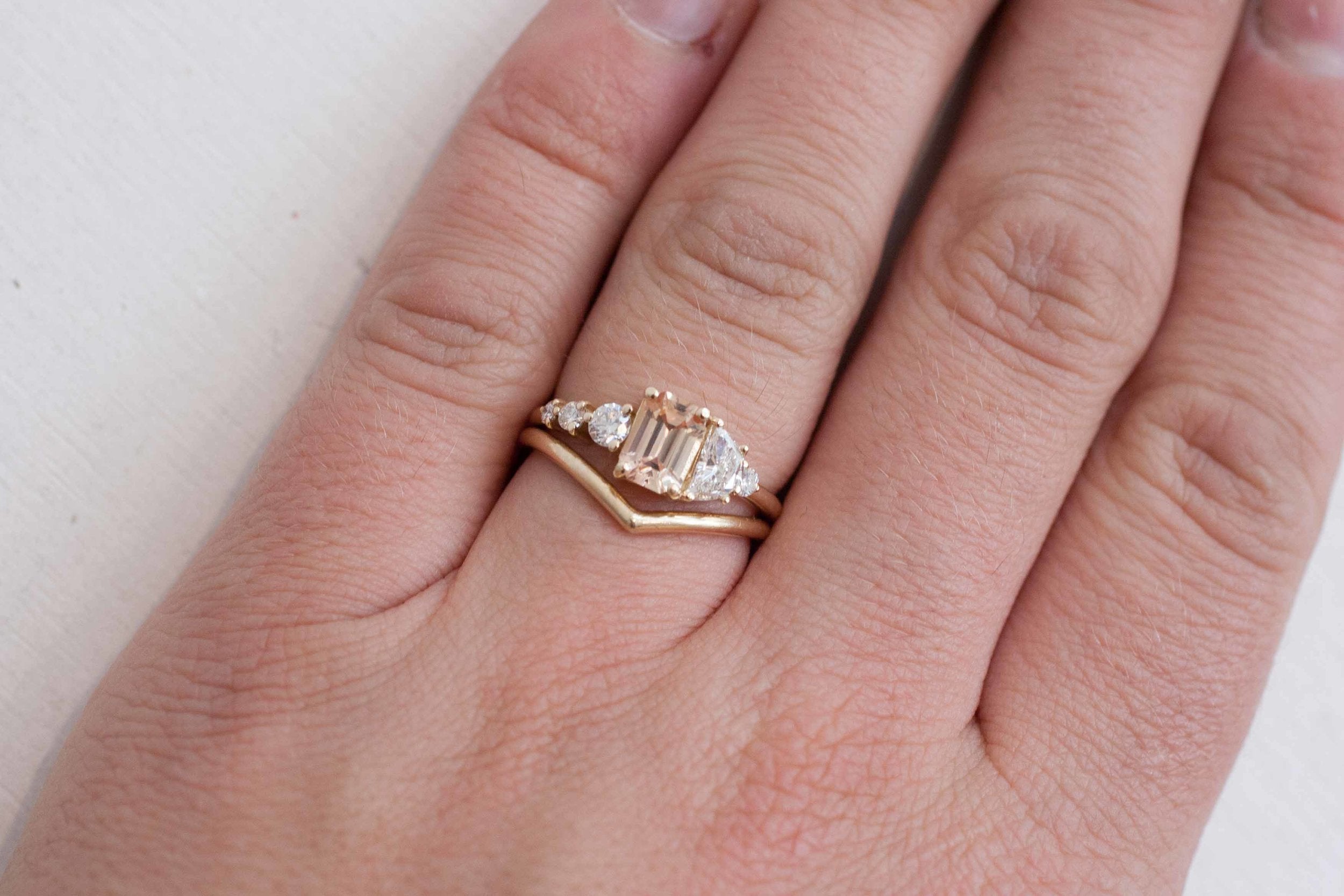 Apricot Ceylon Sapphire, Half Moon Diamond + Diamond Cluster Engagement Ring | 14k Recycled Gold | One of a Kind