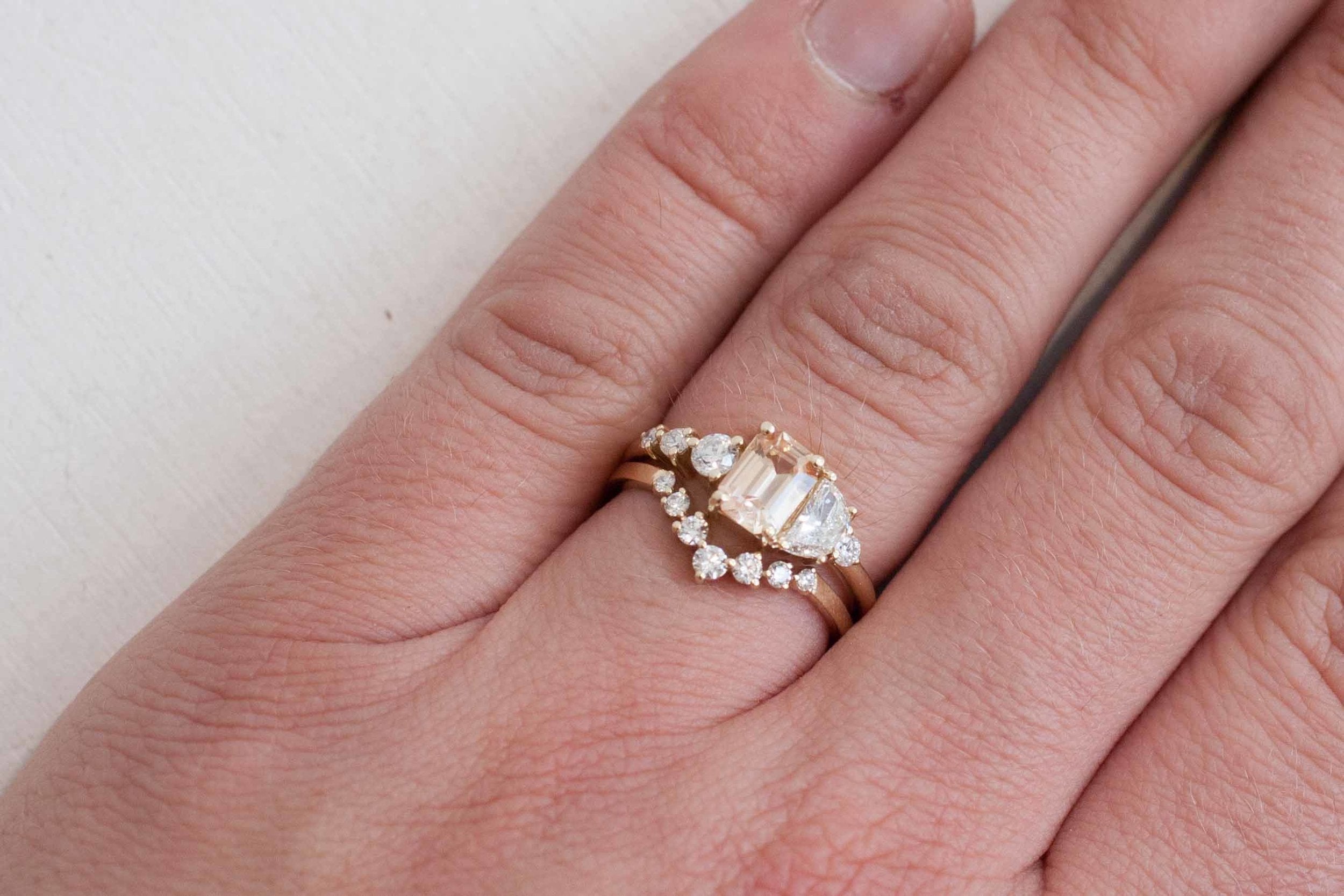 Apricot Ceylon Sapphire, Half Moon Diamond + Diamond Cluster Engagement Ring | 14k Recycled Gold | One of a Kind