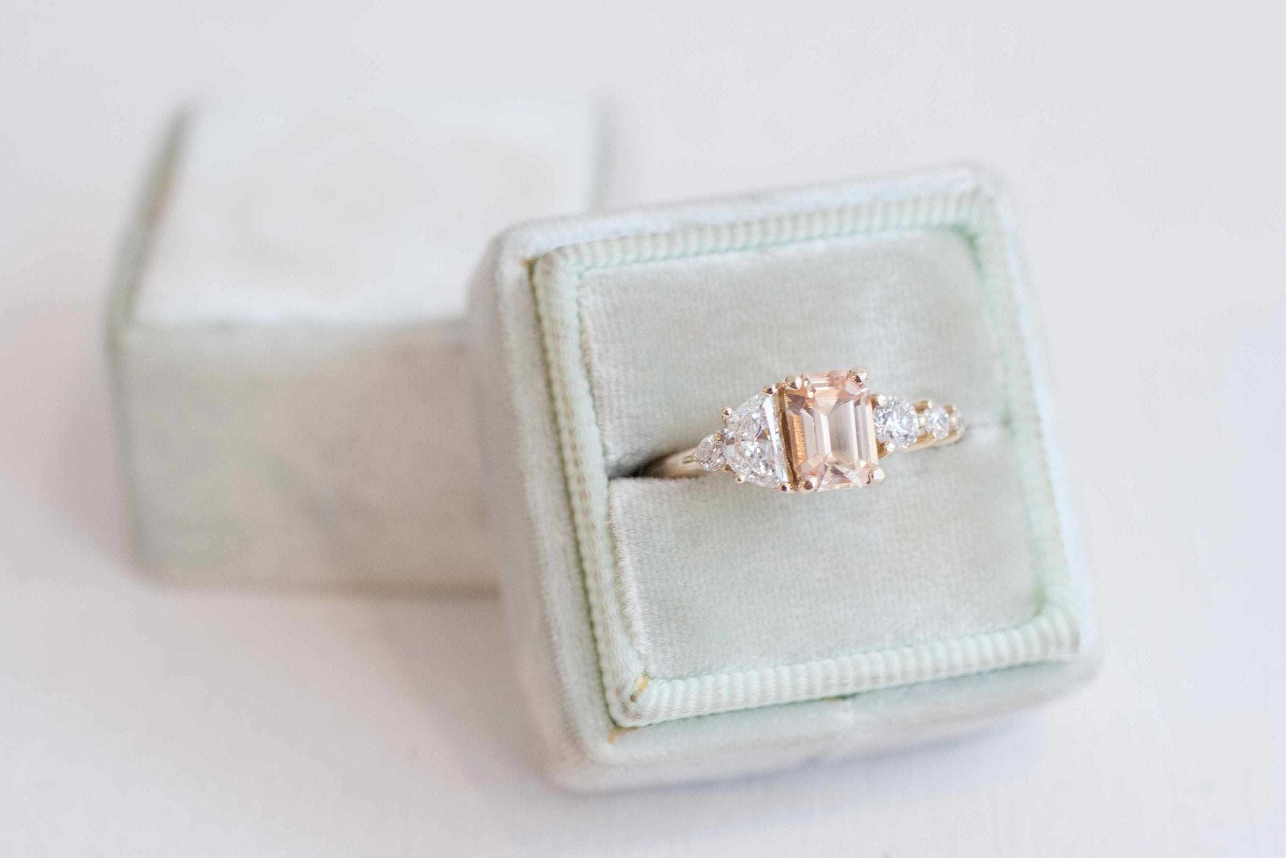 Apricot Ceylon Sapphire, Half Moon Diamond + Diamond Cluster Engagement Ring | 14k Recycled Gold | One of a Kind