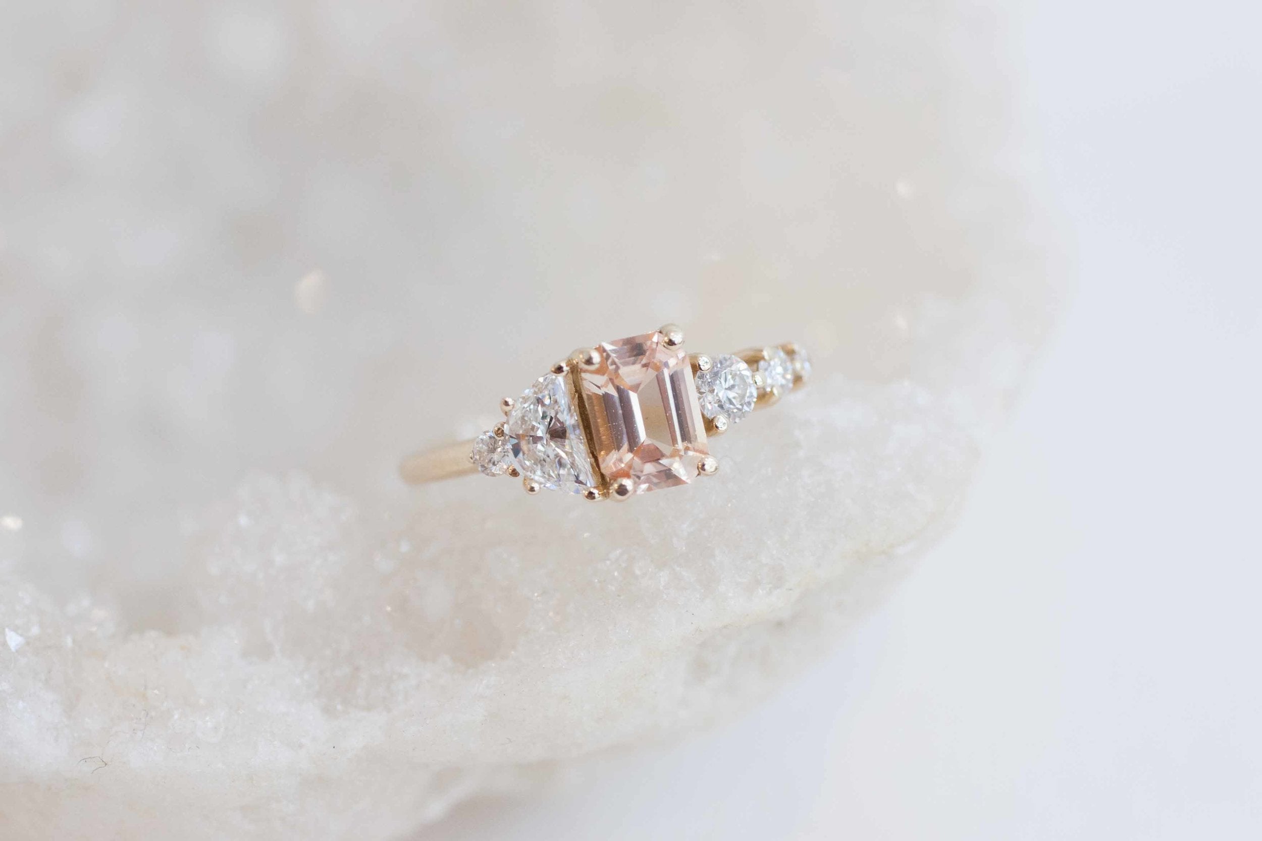 Apricot Ceylon Sapphire, Half Moon Diamond + Diamond Cluster Engagement Ring | 14k Recycled Gold | One of a Kind