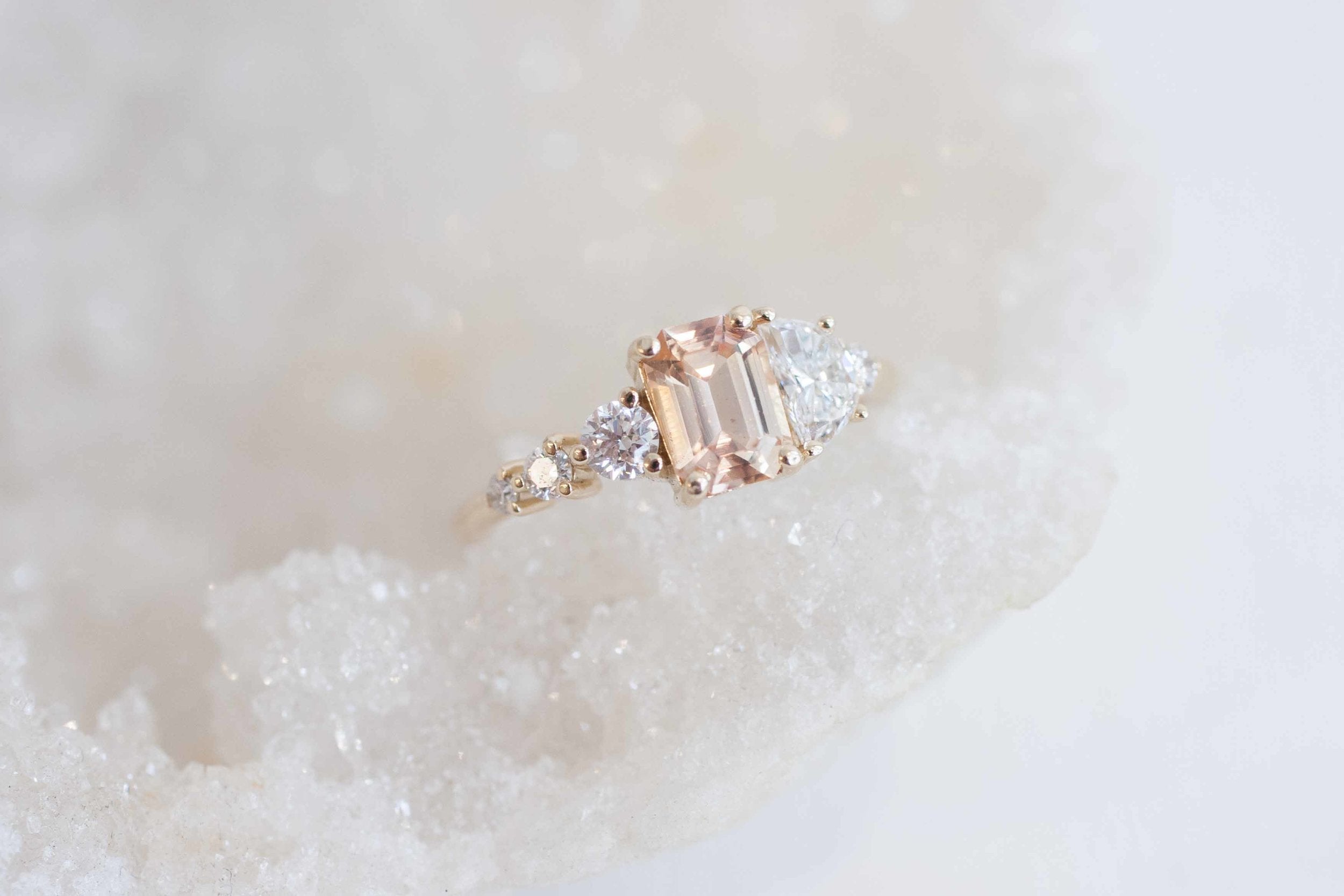 Apricot Ceylon Sapphire, Half Moon Diamond + Diamond Cluster Engagement Ring | 14k Recycled Gold | One of a Kind