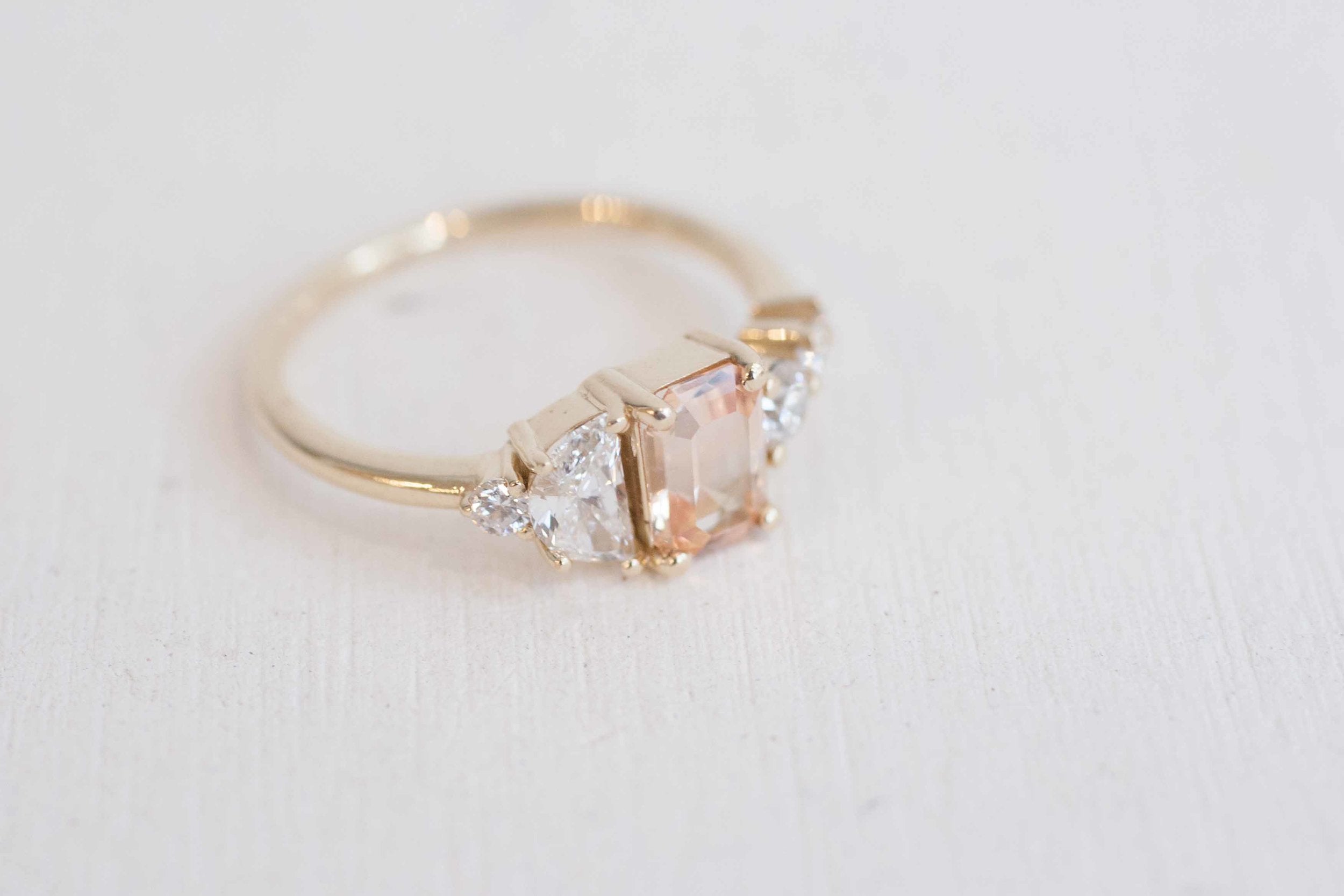 Apricot Ceylon Sapphire, Half Moon Diamond + Diamond Cluster Engagement Ring | 14k Recycled Gold | One of a Kind