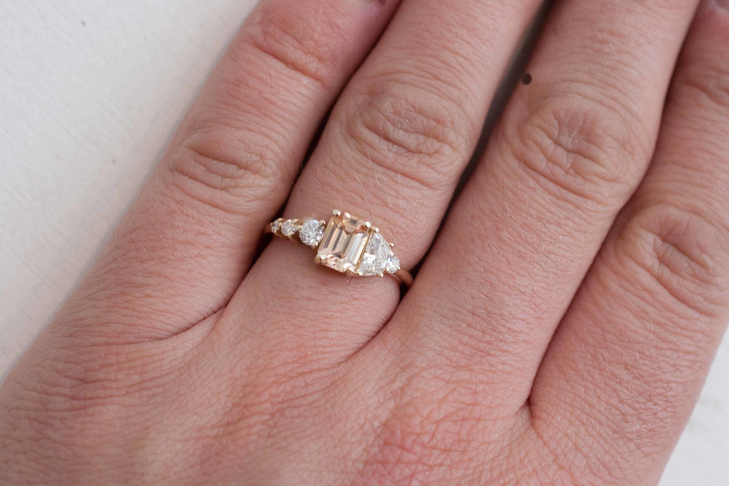 Apricot Ceylon Sapphire, Half Moon Diamond + Diamond Cluster Engagement Ring | 14k Recycled Gold | One of a Kind