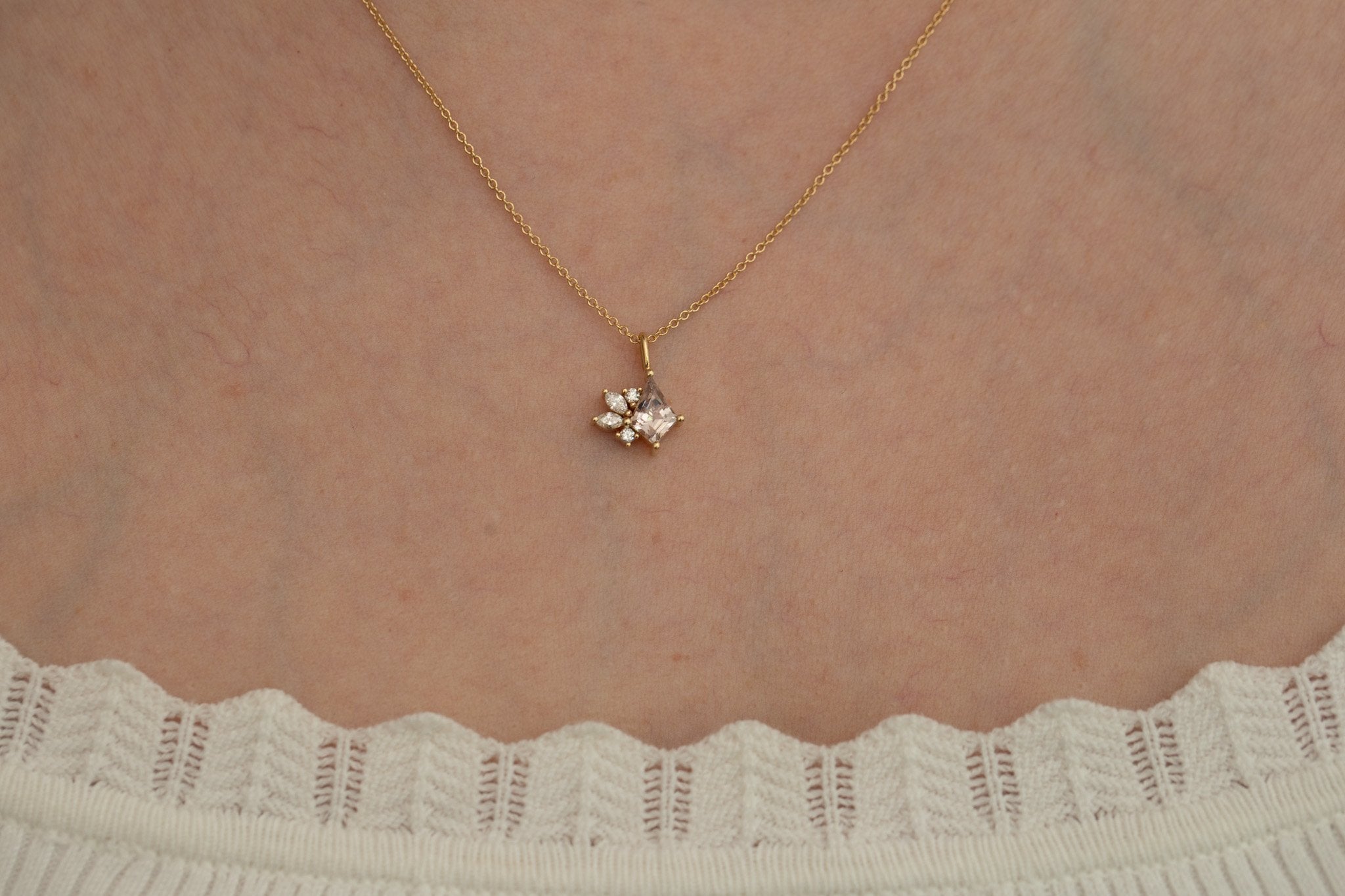 Apricot Kite Sapphire + Diamond Cluster Necklace  | 14k Recycled Gold | One of a Kind