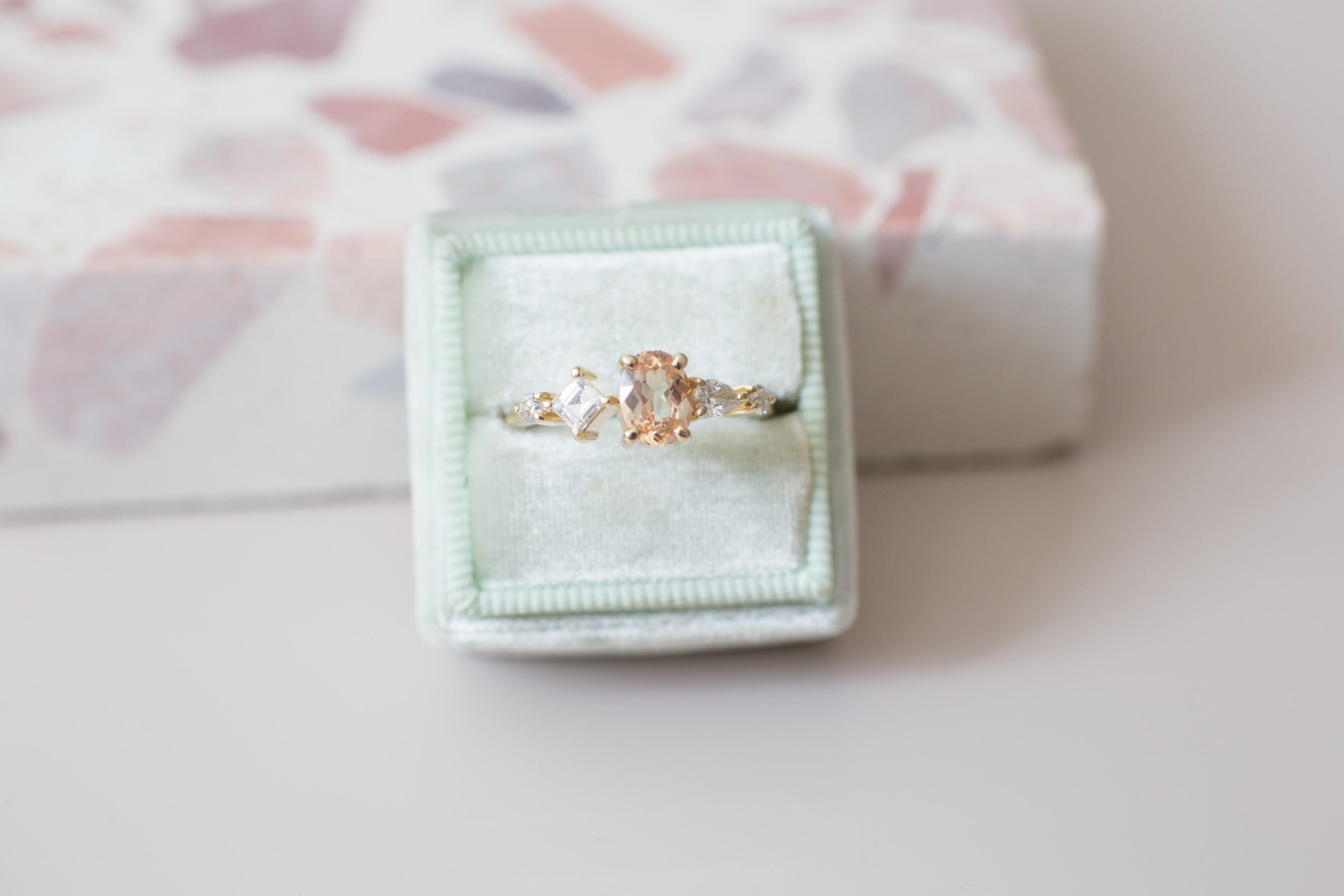 Apricot Ceylon Oval Sapphire + Diamond Cluster Engagement Ring | 14k Recycled Gold | One of a Kind