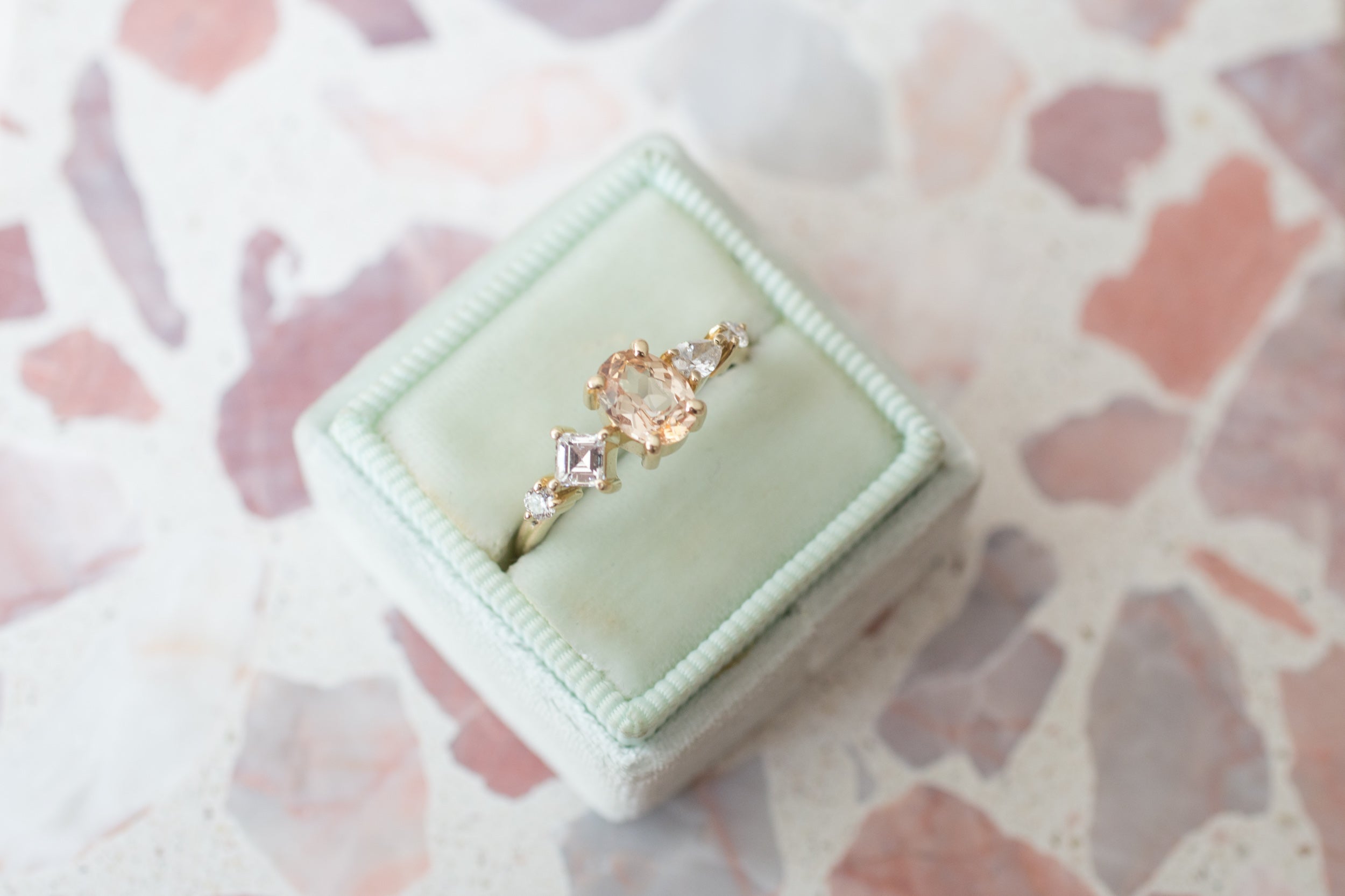 Apricot Ceylon Oval Sapphire + Diamond Cluster Engagement Ring | 14k Recycled Gold | One of a Kind