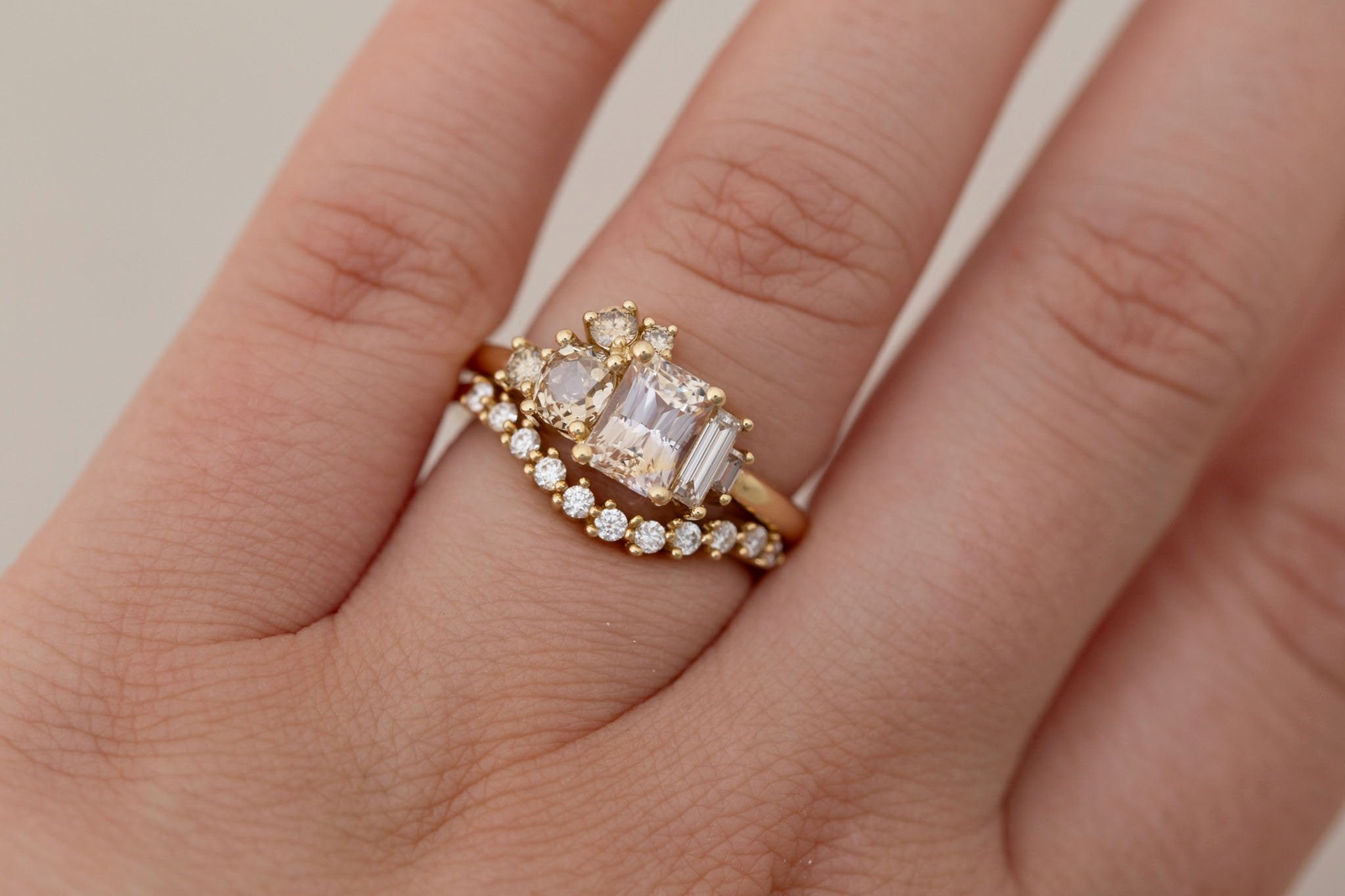 Rosalie Ring | Peach Sapphire + Champagne Diamond Cluster Engagement Ring 1.63 ct | 14k Recycled Gold | One of a Kind