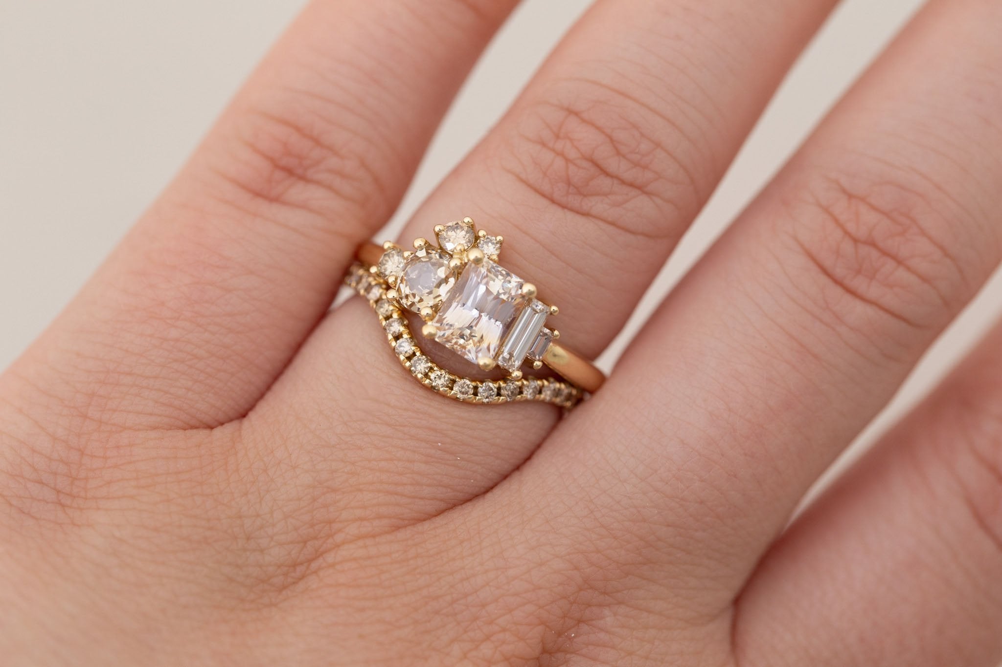 Rosalie Ring | Peach Sapphire + Champagne Diamond Cluster Engagement Ring 1.63 ct | 14k Recycled Gold | One of a Kind