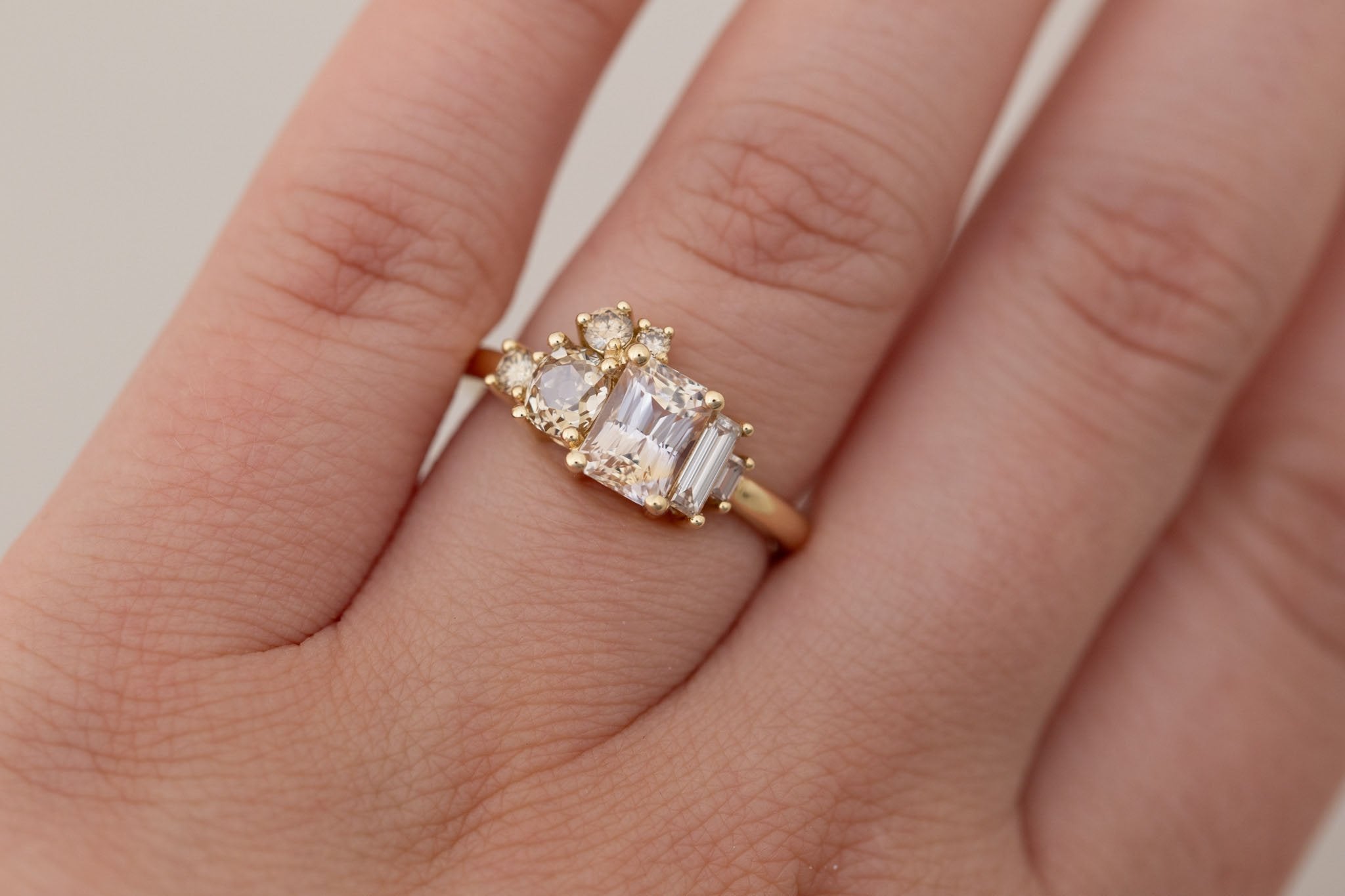 Rosalie Ring | Peach Sapphire + Champagne Diamond Cluster Engagement Ring 1.63 ct | 14k Recycled Gold | One of a Kind