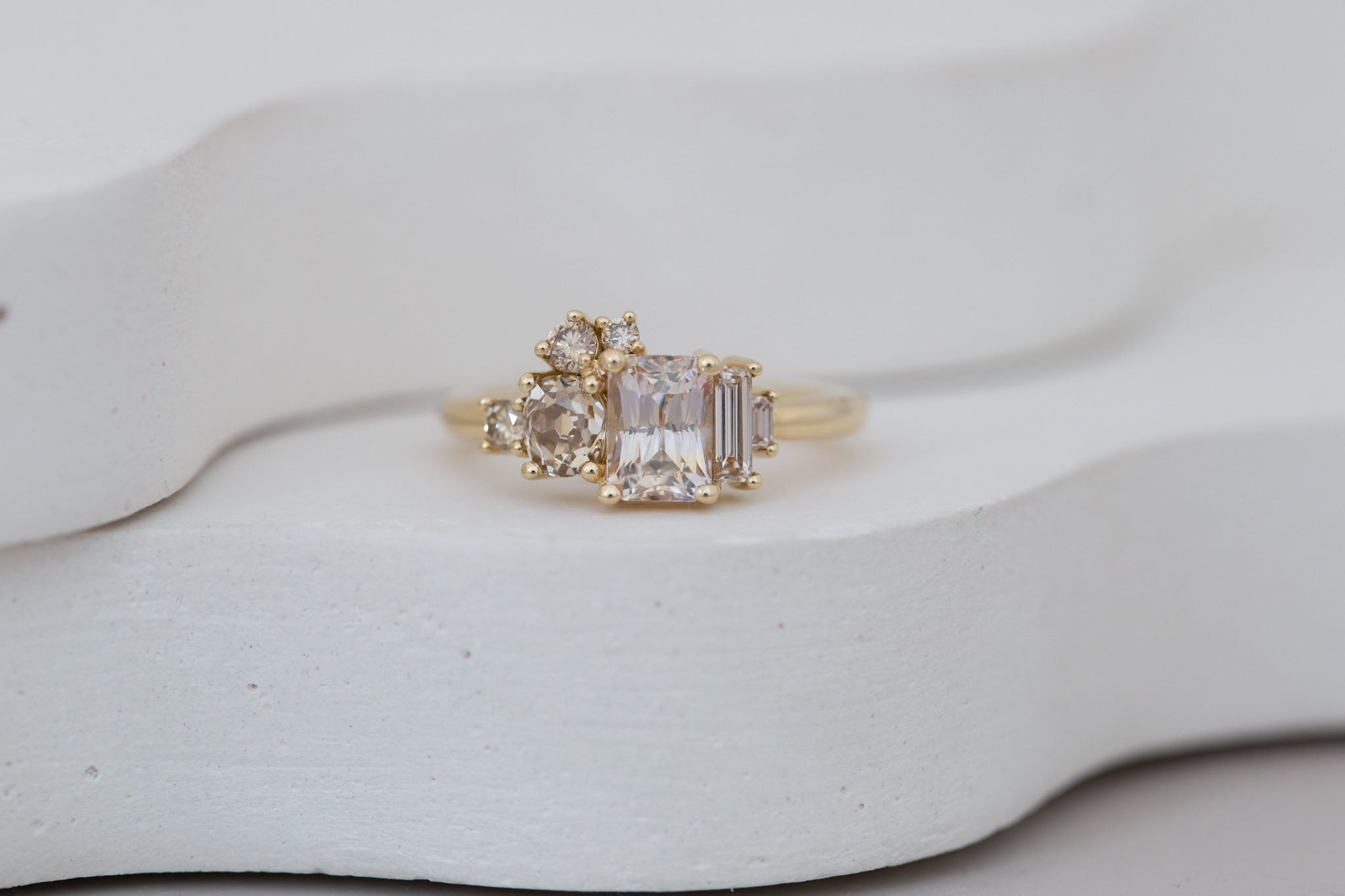 Rosalie Ring | Peach Sapphire + Champagne Diamond Cluster Engagement Ring 1.63 ct | 14k Recycled Gold | One of a Kind
