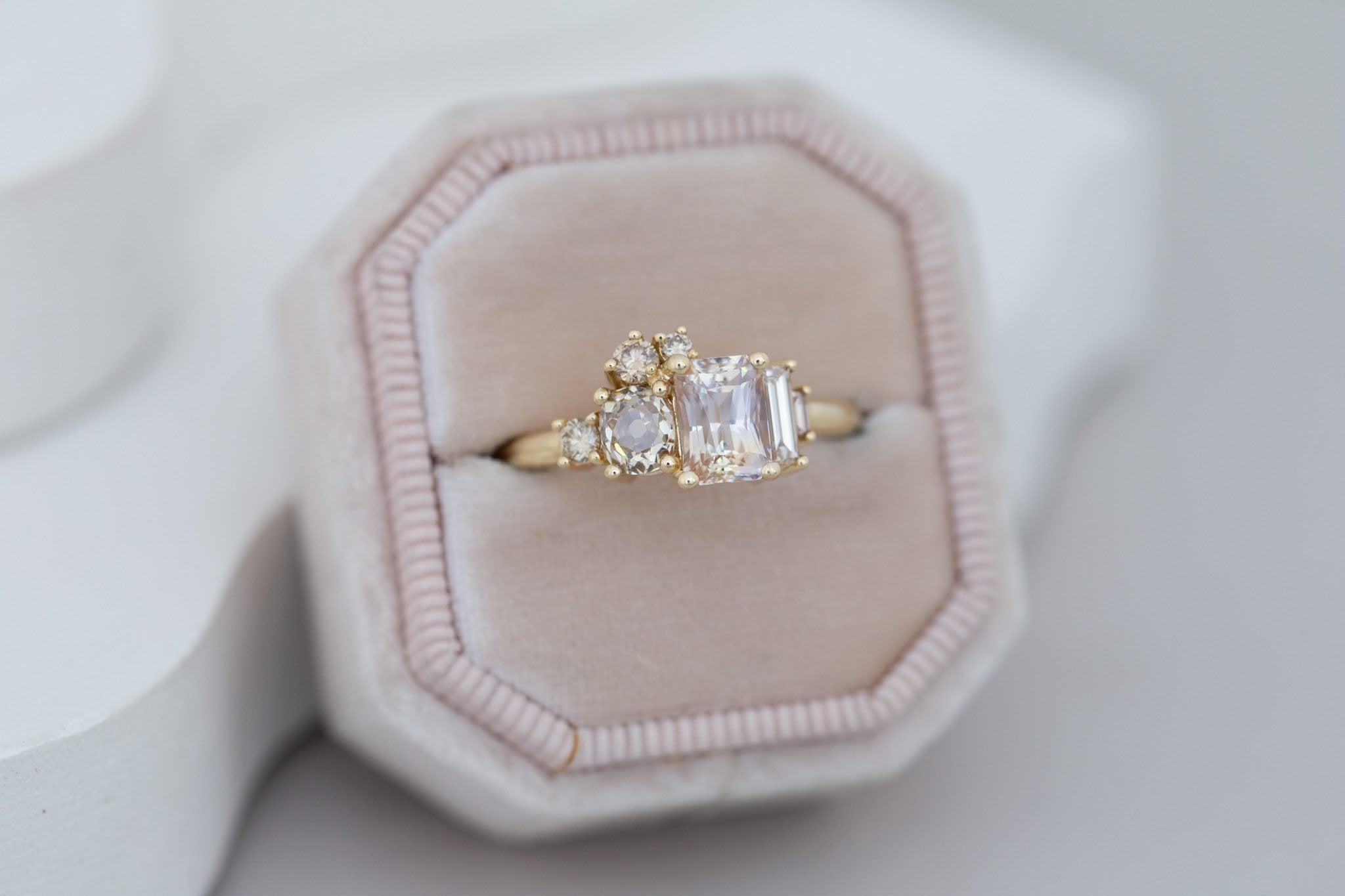 Rosalie Ring | Peach Sapphire + Champagne Diamond Cluster Engagement Ring 1.63 ct | 14k Recycled Gold | One of a Kind
