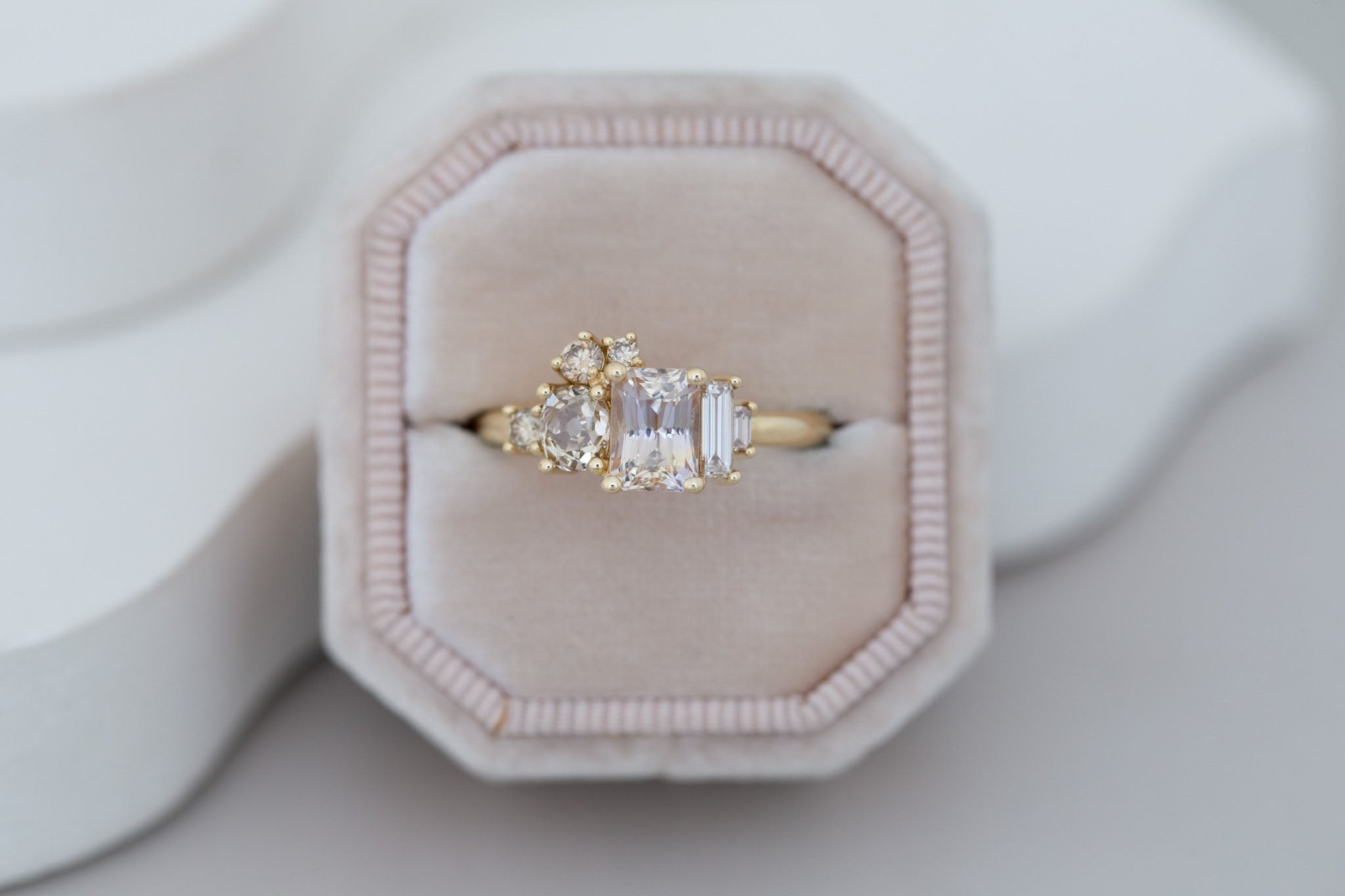 Rosalie Ring | Peach Sapphire + Champagne Diamond Cluster Engagement Ring 1.63 ct | 14k Recycled Gold | One of a Kind
