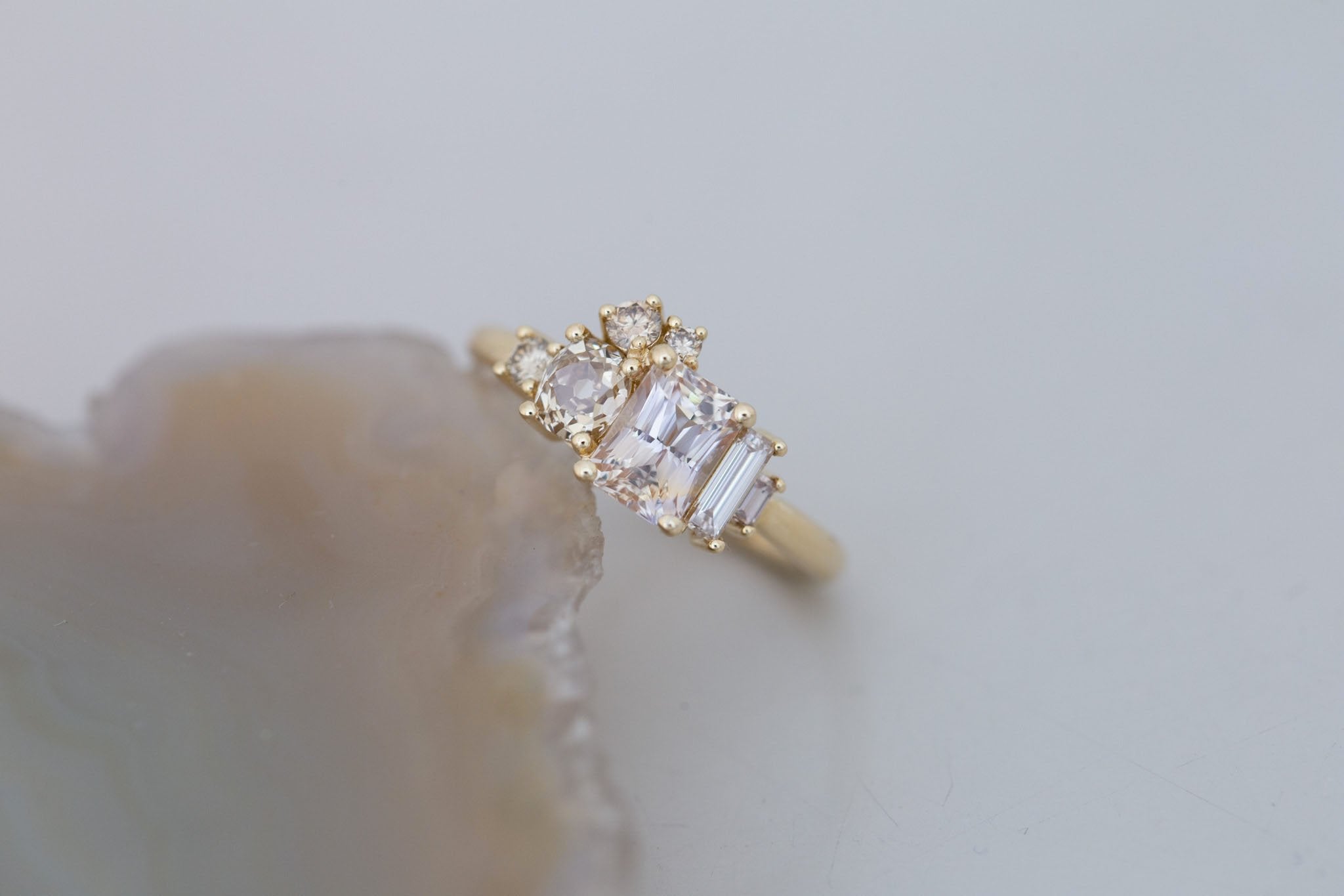 Rosalie Ring | Peach Sapphire + Champagne Diamond Cluster Engagement Ring 1.63 ct | 14k Recycled Gold | One of a Kind