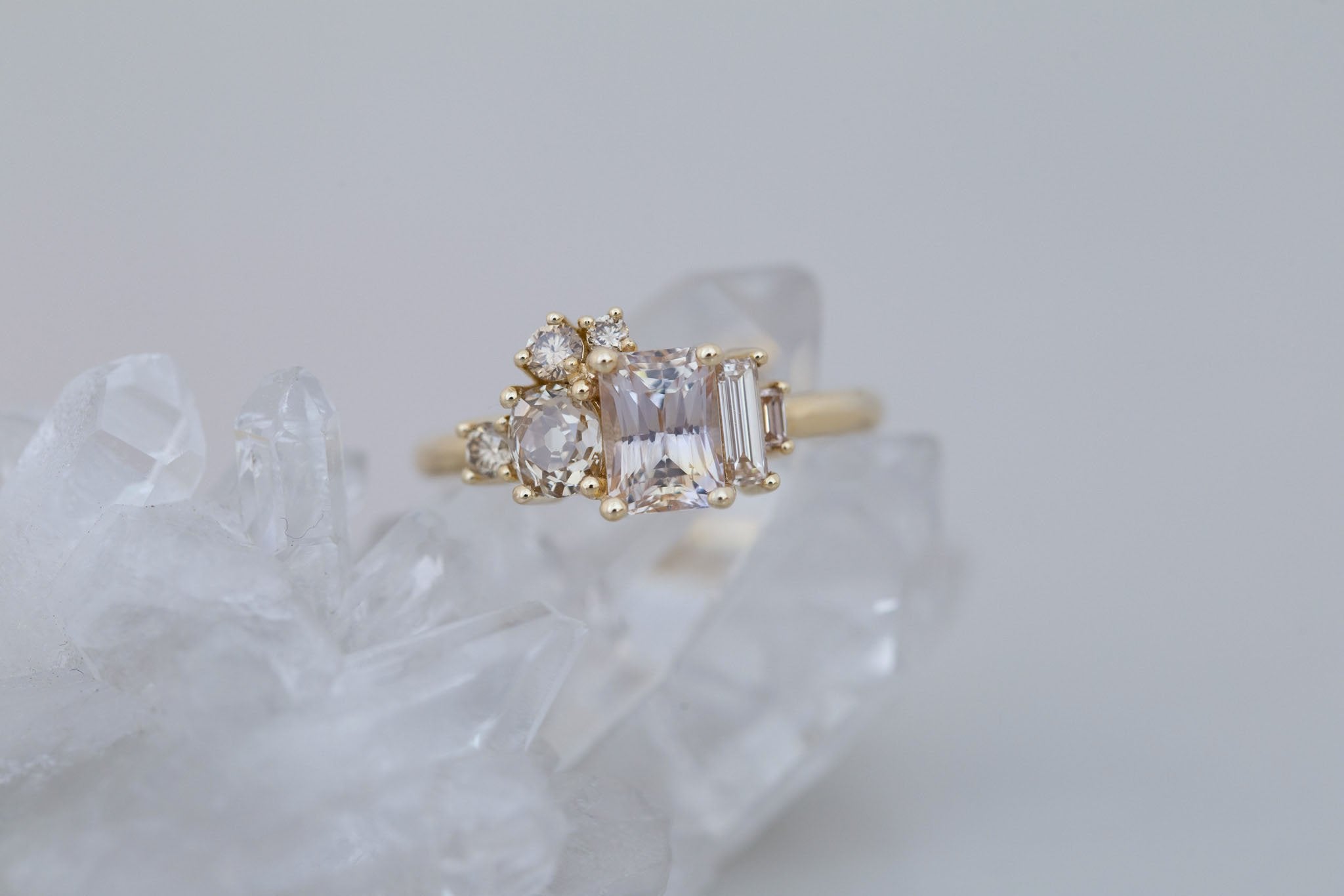 Rosalie Ring | Peach Sapphire + Champagne Diamond Cluster Engagement Ring 1.63 ct | 14k Recycled Gold | One of a Kind