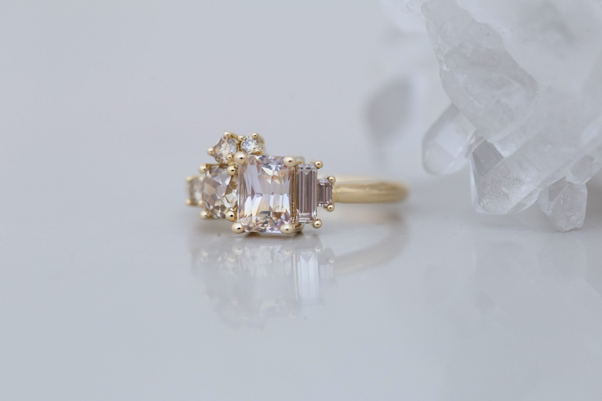 Rosalie Ring | Peach Sapphire + Champagne Diamond Cluster Engagement Ring 1.63 ct | 14k Recycled Gold | One of a Kind