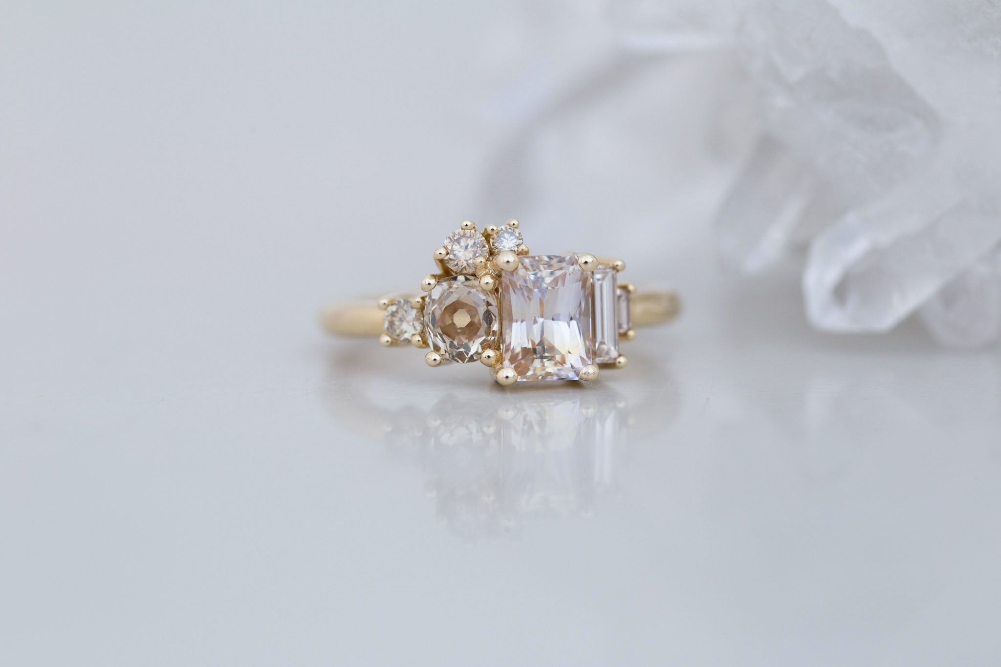 Rosalie Ring | Peach Sapphire + Champagne Diamond Cluster Engagement Ring 1.63 ct | 14k Recycled Gold | One of a Kind