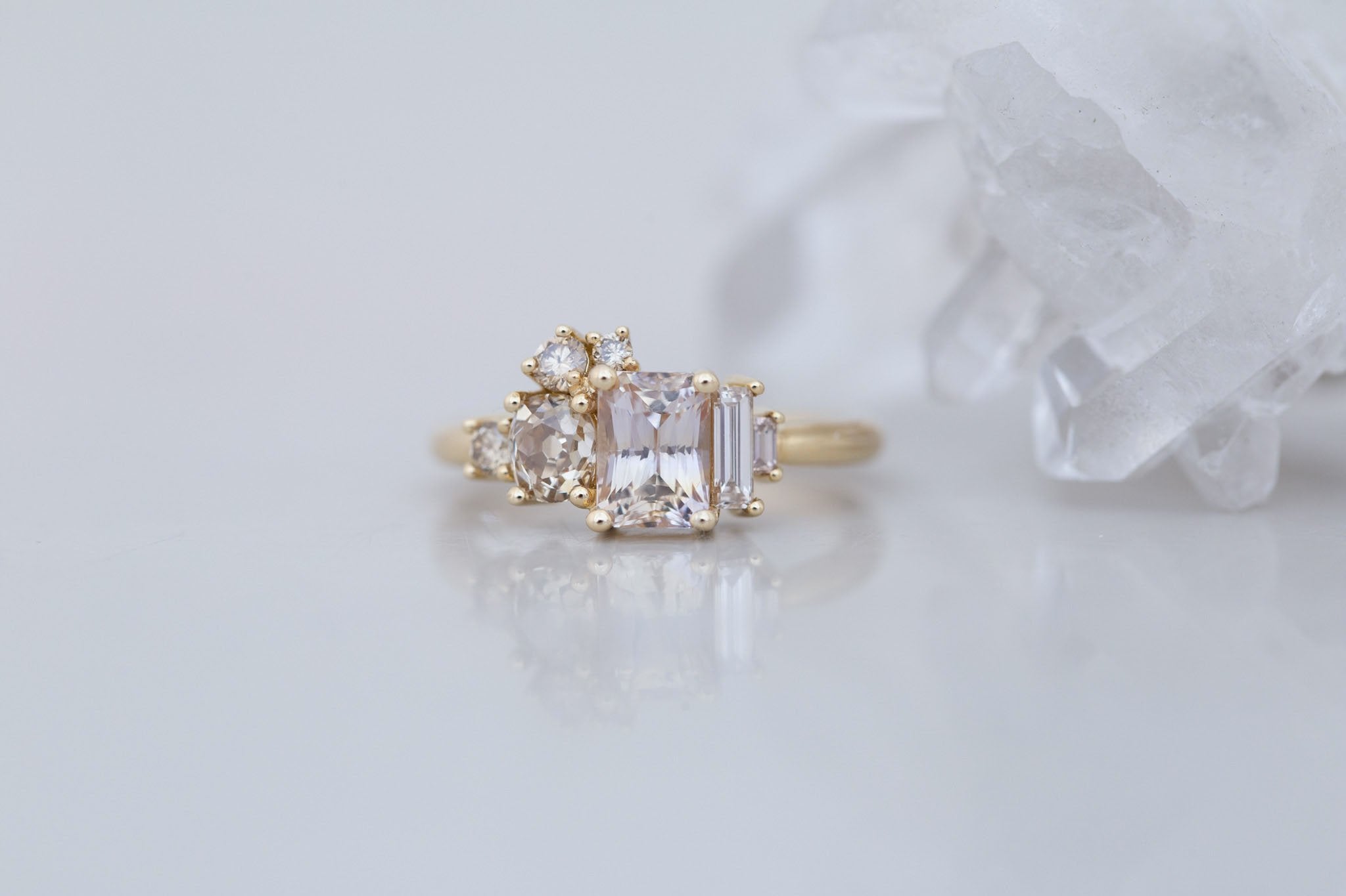 Rosalie Ring | Peach Sapphire + Champagne Diamond Cluster Engagement Ring 1.63 ct | 14k Recycled Gold | One of a Kind