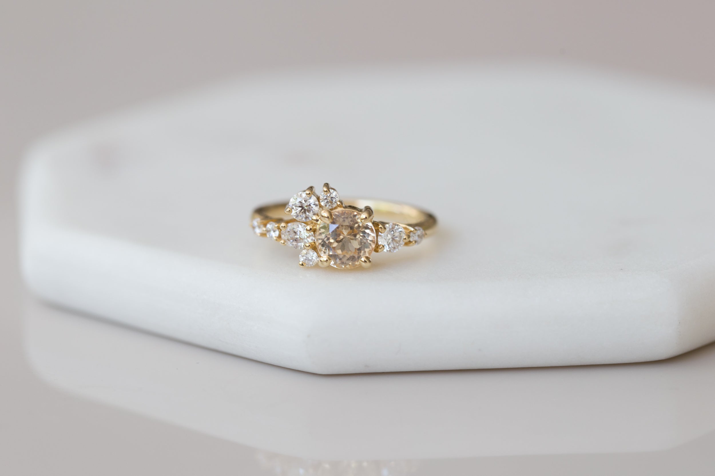 Ilia Ring | Apricot Round Sapphire + Diamond Cluster Engagement Ring | 14k Recycled Gold | One of a Kind