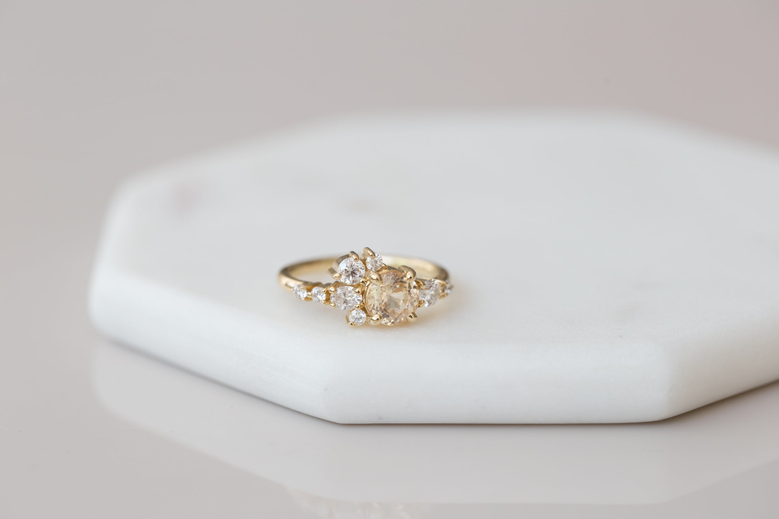 Ilia Ring | Apricot Round Sapphire + Diamond Cluster Engagement Ring | 14k Recycled Gold | One of a Kind