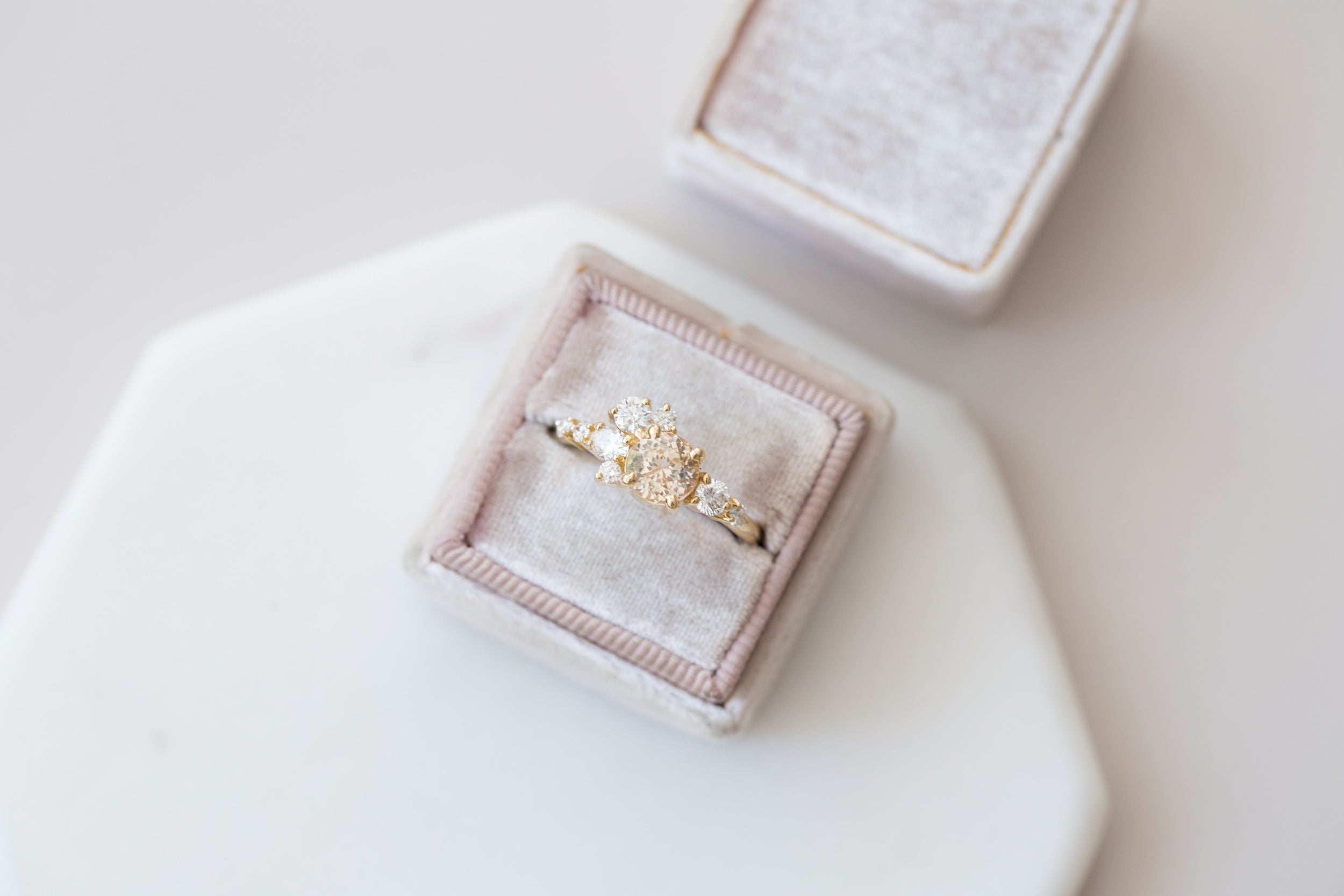 Ilia Ring | Apricot Round Sapphire + Diamond Cluster Engagement Ring | 14k Recycled Gold | One of a Kind