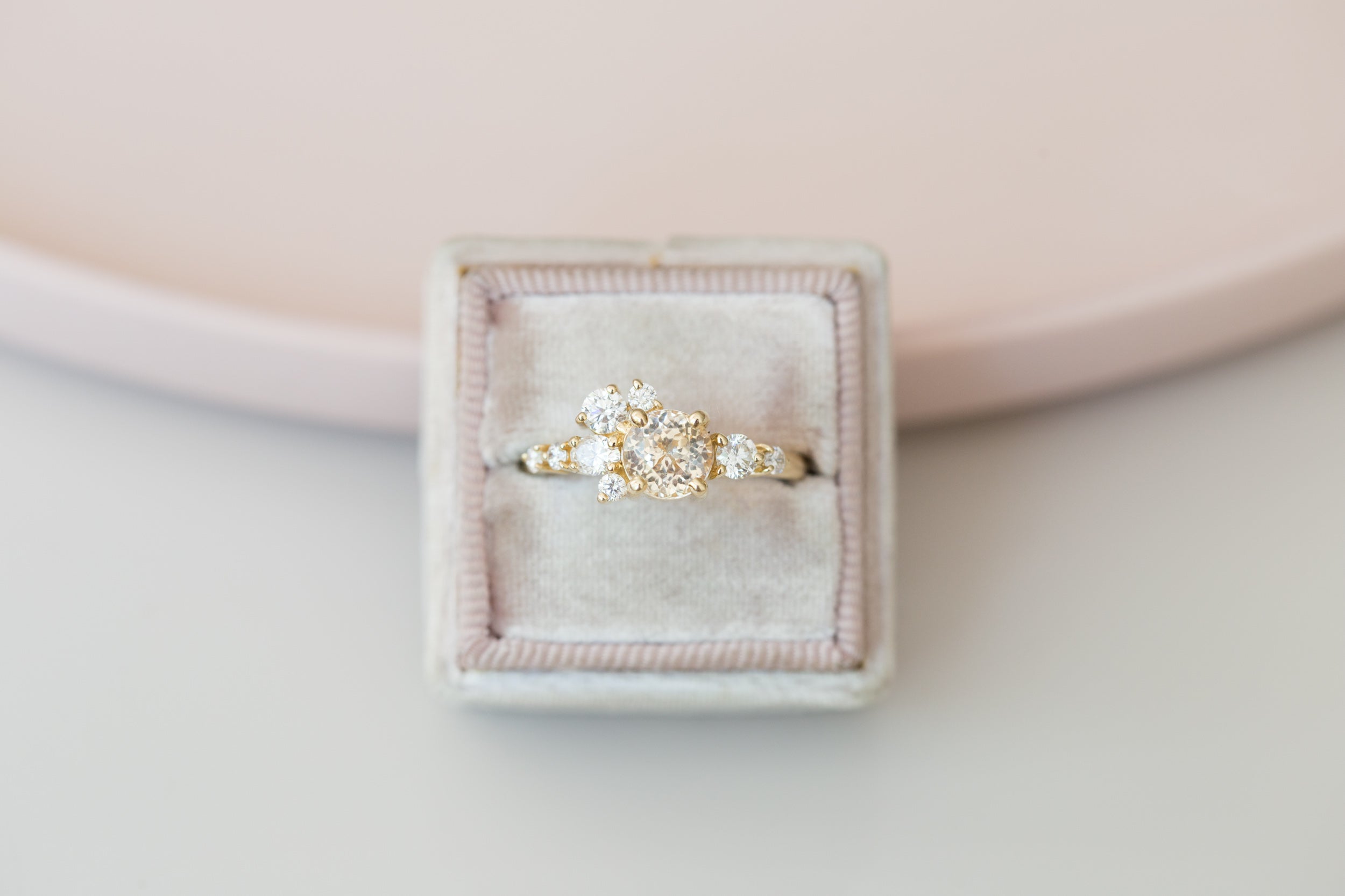 Ilia Ring | Apricot Round Sapphire + Diamond Cluster Engagement Ring | 14k Recycled Gold | One of a Kind