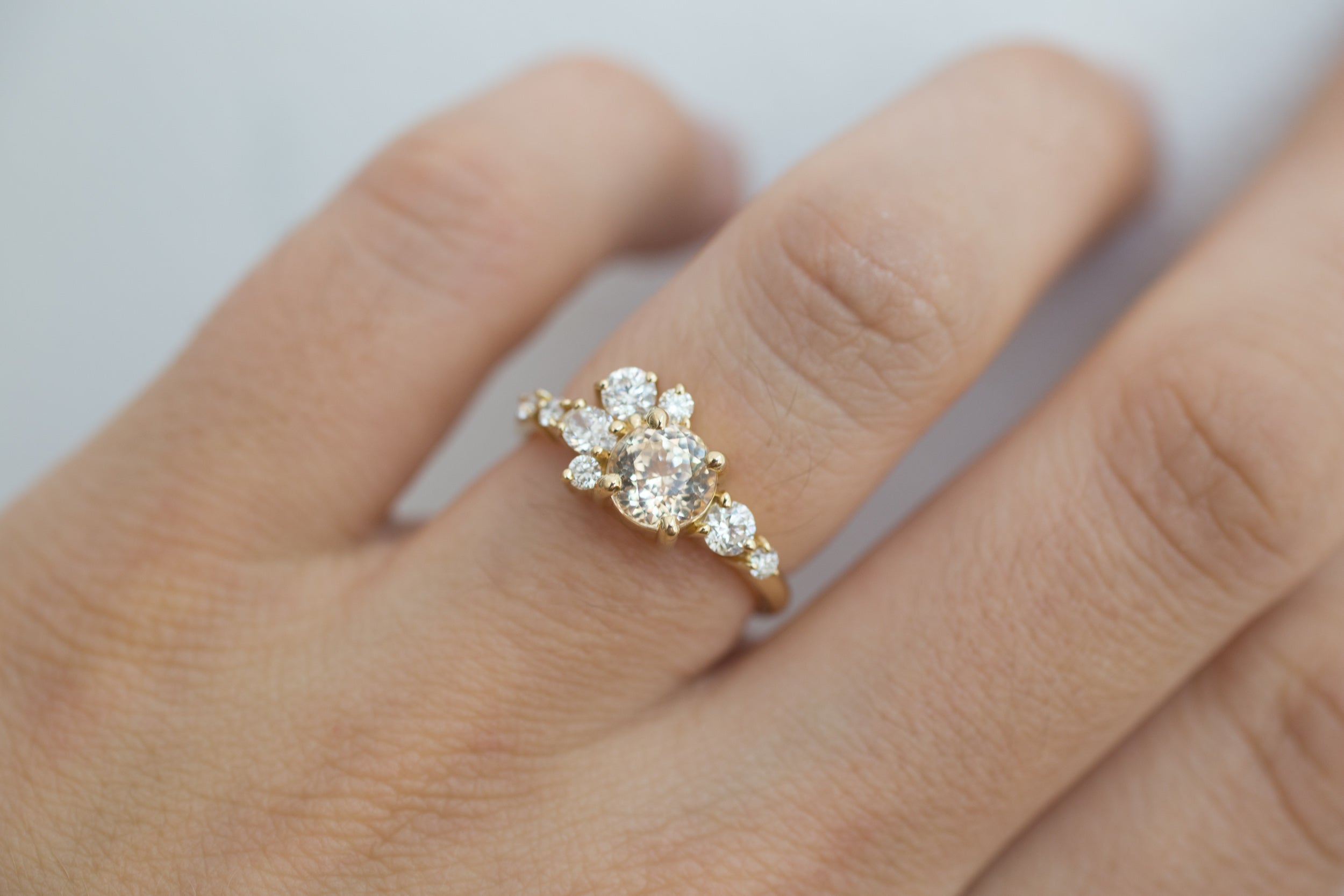 Ilia Ring | Apricot Round Sapphire + Diamond Cluster Engagement Ring | 14k Recycled Gold | One of a Kind