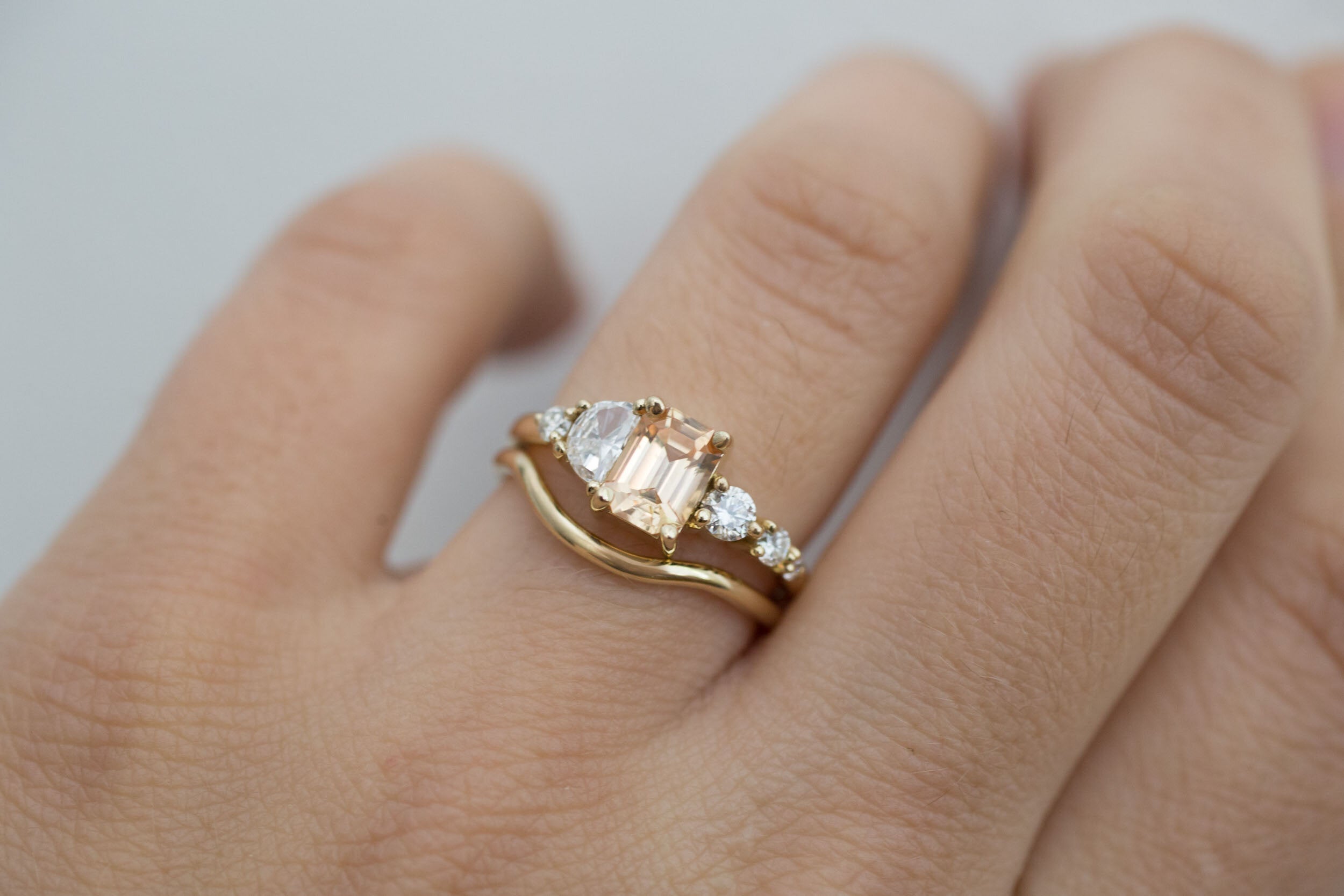 Sarine Ring | Apricot Sapphire + Half Moon Diamond + Diamond Cluster Engagement Ring | 14k Recycled Gold | One of a Kind