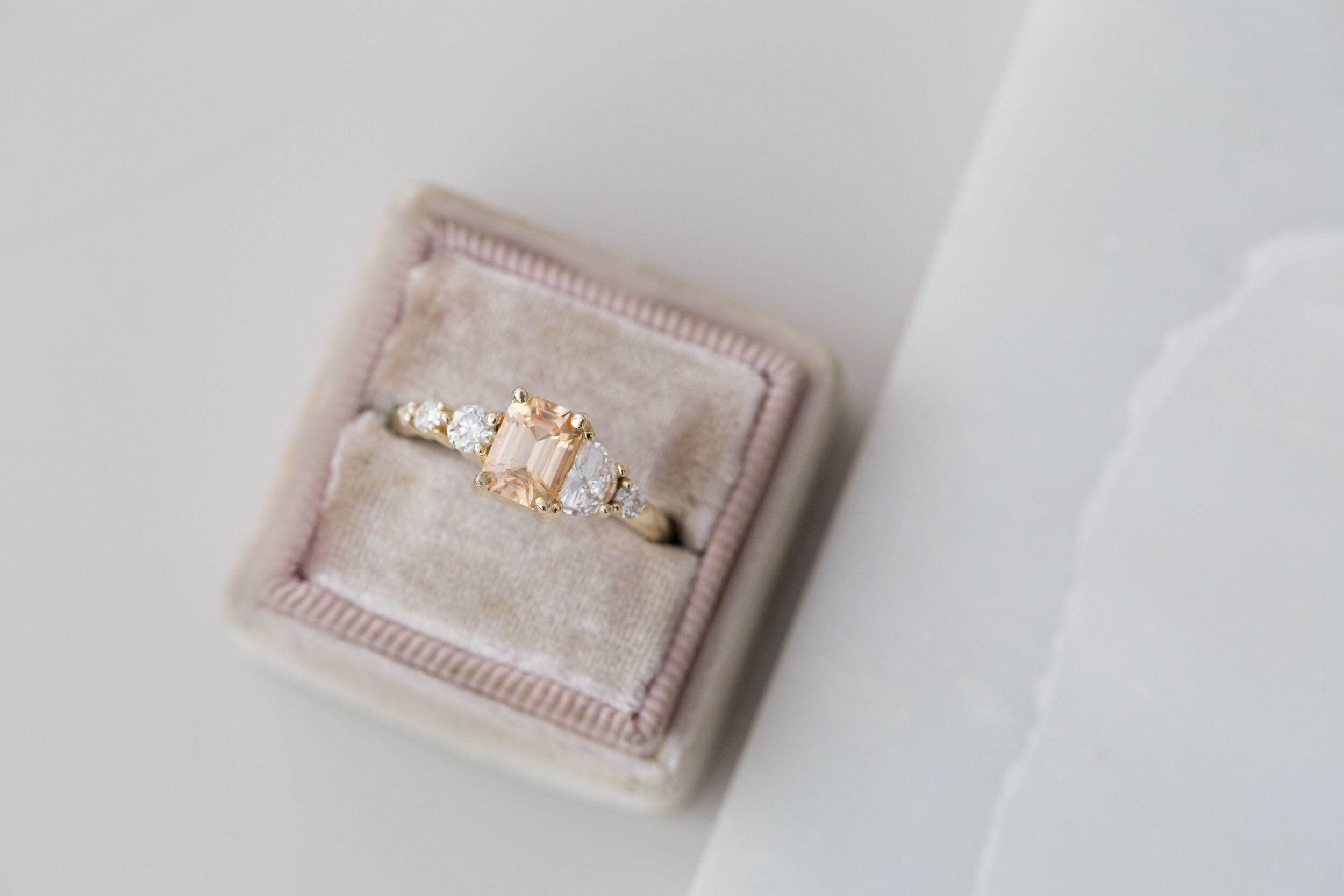 Sarine Ring | Apricot Sapphire + Half Moon Diamond + Diamond Cluster Engagement Ring | 14k Recycled Gold | One of a Kind