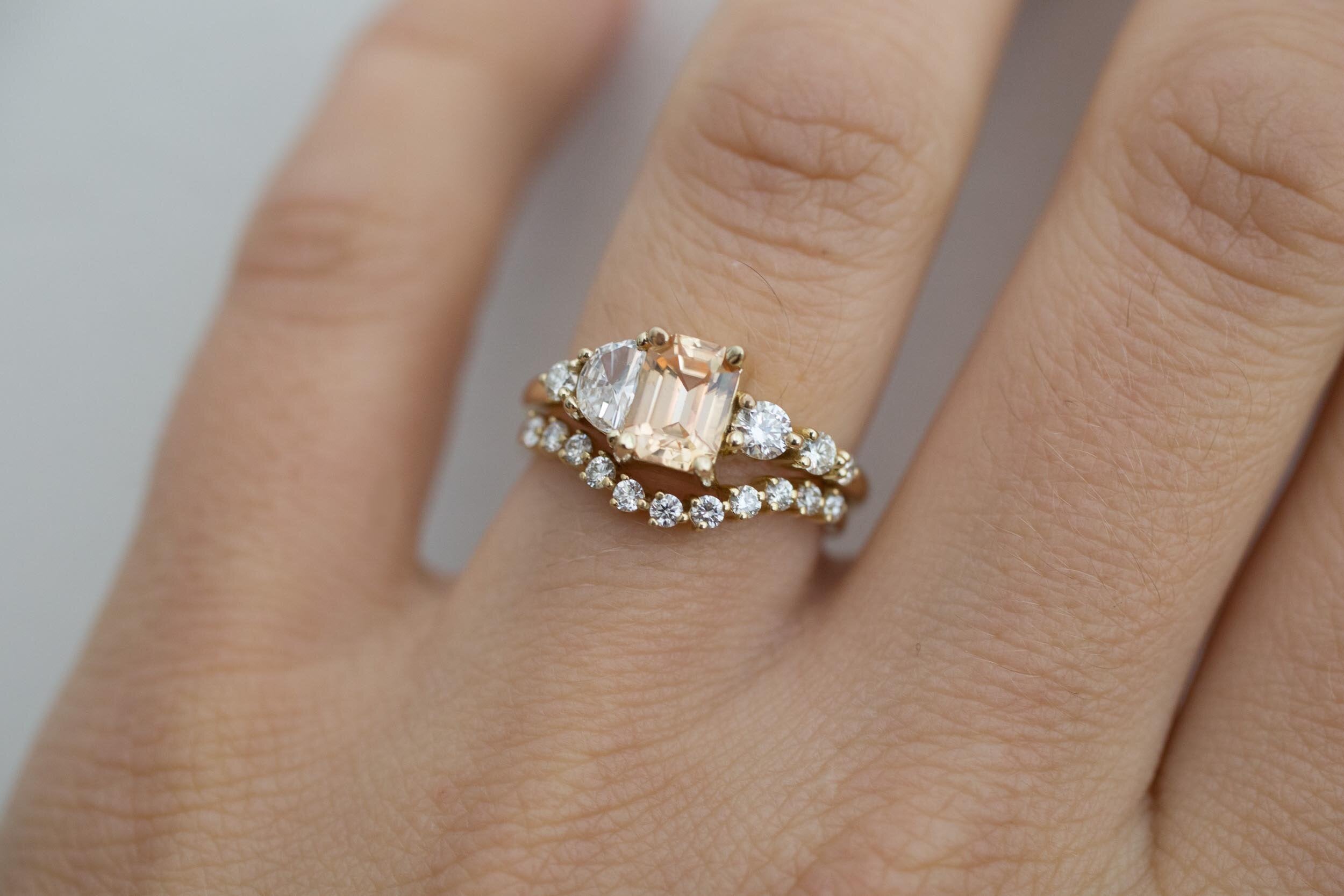 Sarine Ring | Apricot Sapphire + Half Moon Diamond + Diamond Cluster Engagement Ring | 14k Recycled Gold | One of a Kind