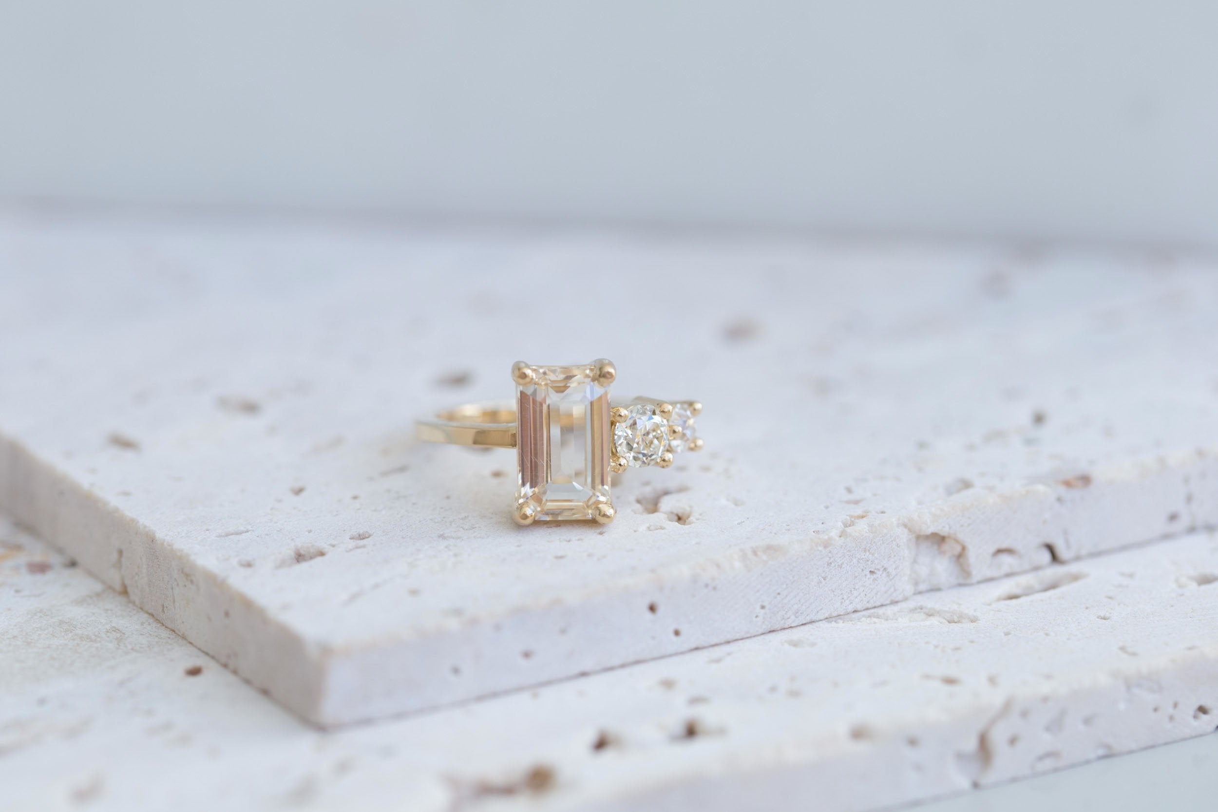 Fern Ring | Apricot Emerald Cut Sapphire + Antique Diamonds Engagement Ring 3.12 ct | 14k Recycled Gold | One of a Kind
