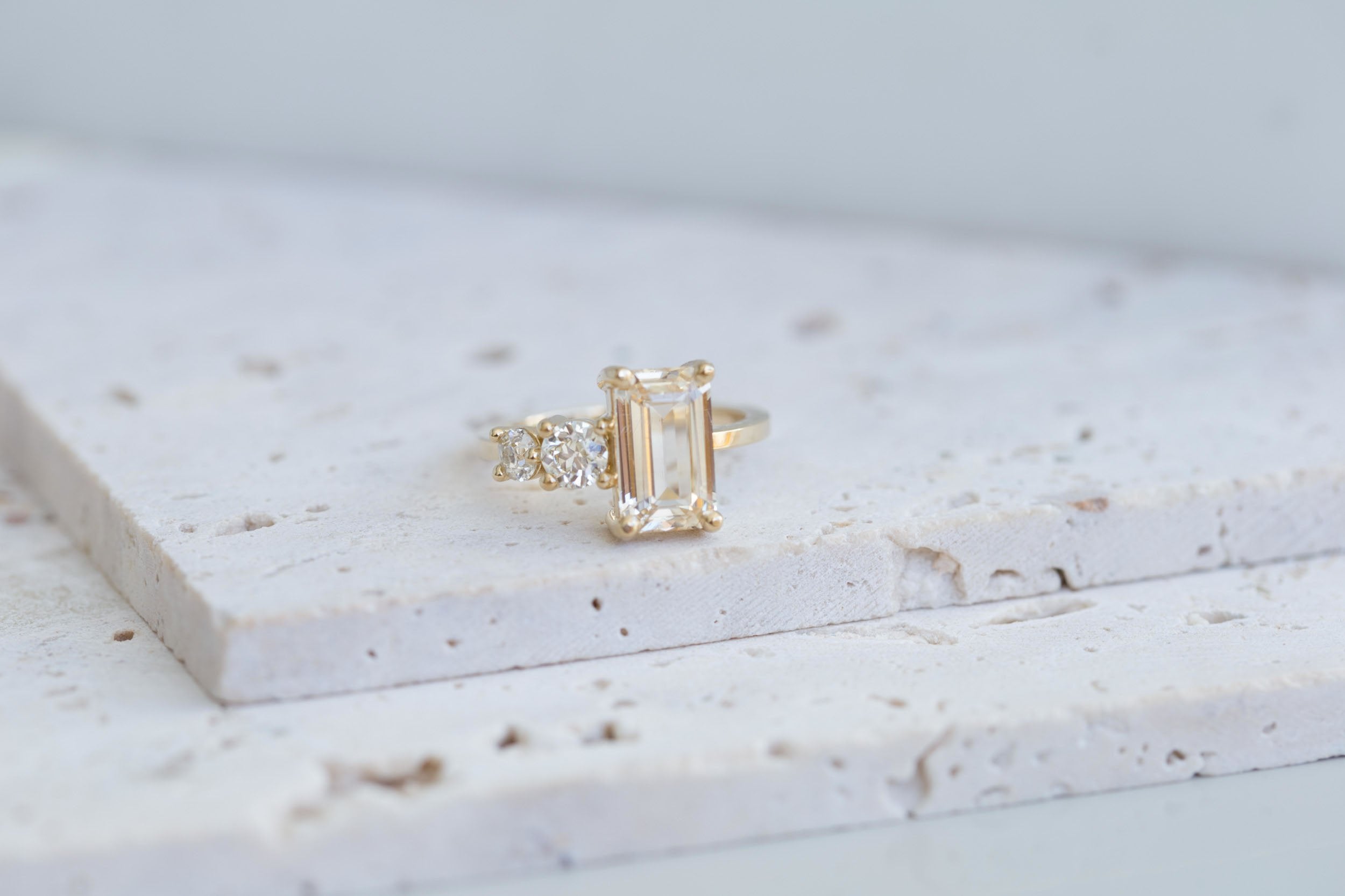 Fern Ring | Apricot Emerald Cut Sapphire + Antique Diamonds Engagement Ring 3.12 ct | 14k Recycled Gold | One of a Kind