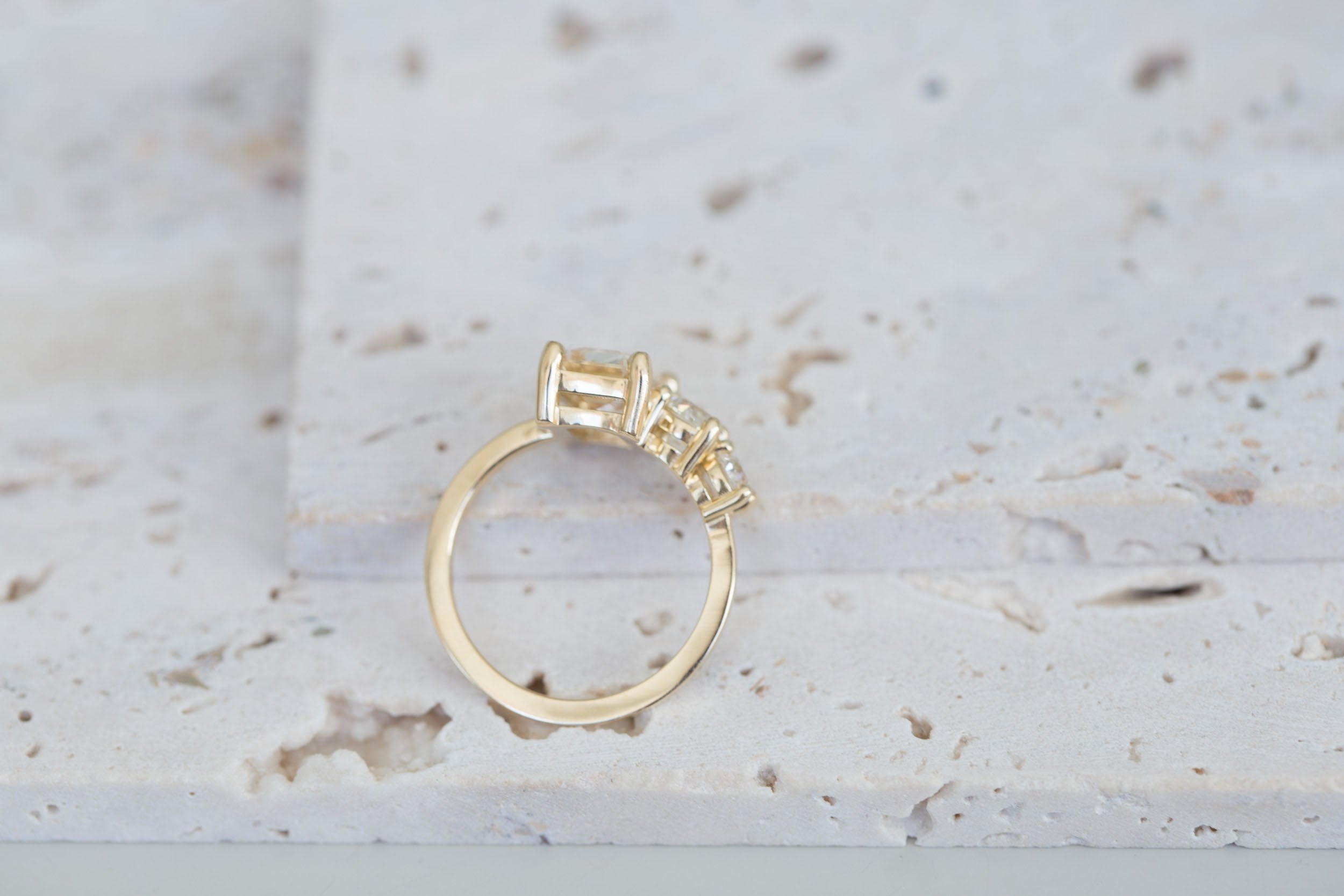 Fern Ring | Apricot Emerald Cut Sapphire + Antique Diamonds Engagement Ring 3.12 ct | 14k Recycled Gold | One of a Kind