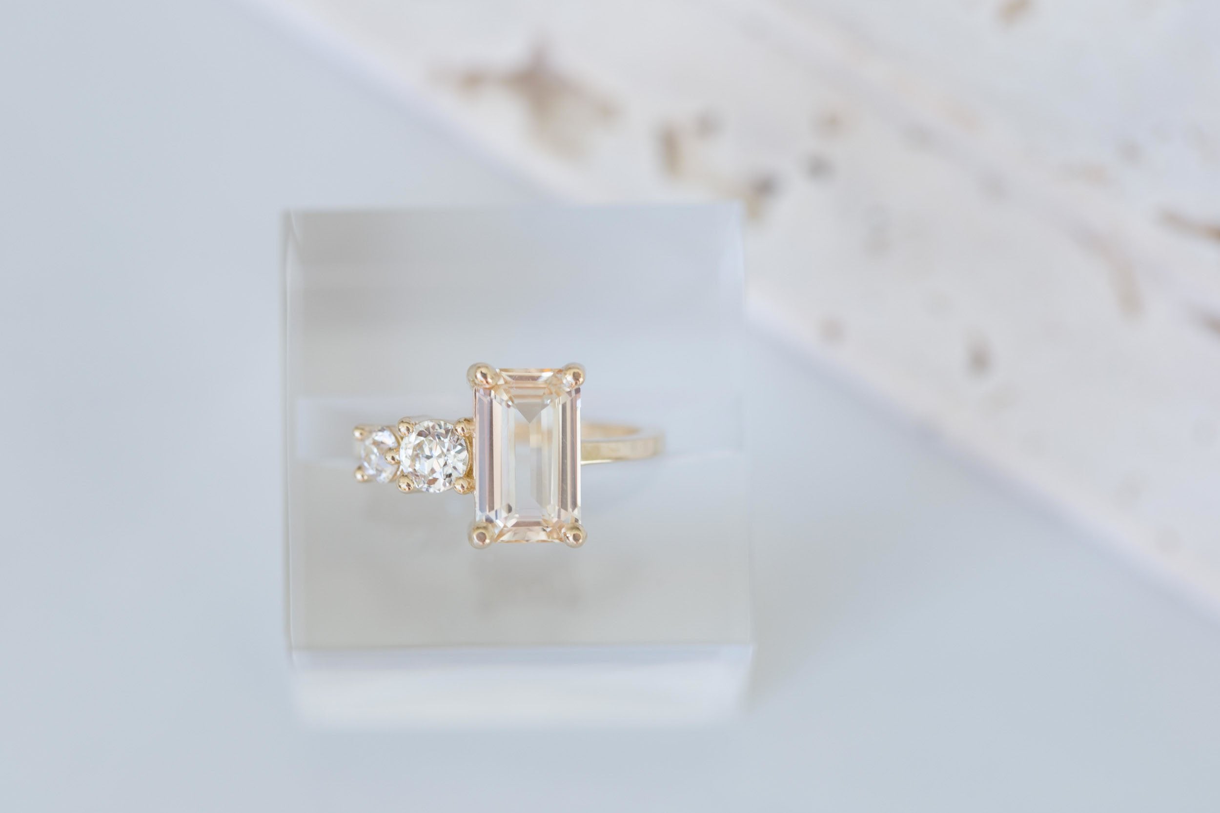 Fern Ring | Apricot Emerald Cut Sapphire + Antique Diamonds Engagement Ring 3.12 ct | 14k Recycled Gold | One of a Kind