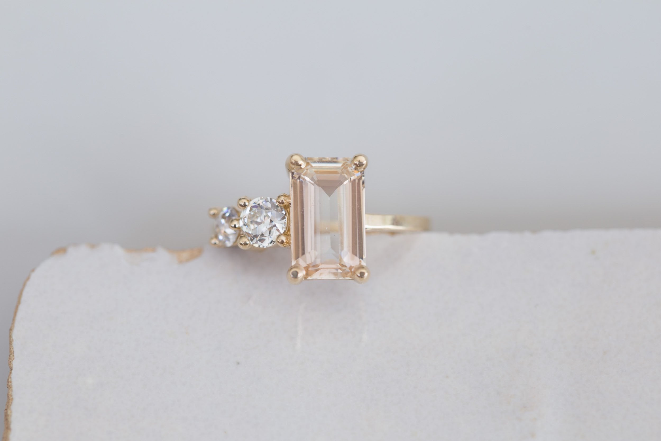 Fern Ring | Apricot Emerald Cut Sapphire + Antique Diamonds Engagement Ring 3.12 ct | 14k Recycled Gold | One of a Kind