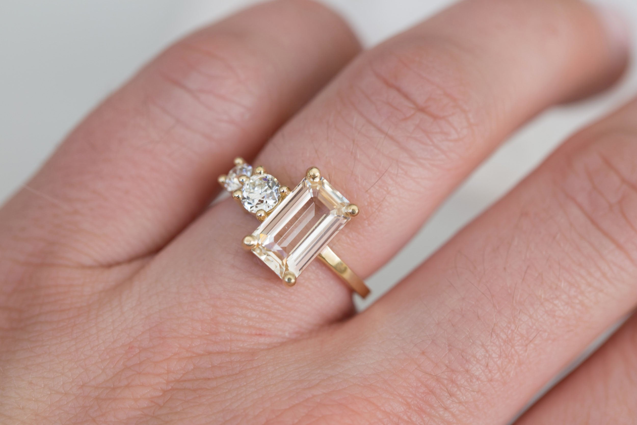 Fern Ring | Apricot Emerald Cut Sapphire + Antique Diamonds Engagement Ring 3.12 ct | 14k Recycled Gold | One of a Kind
